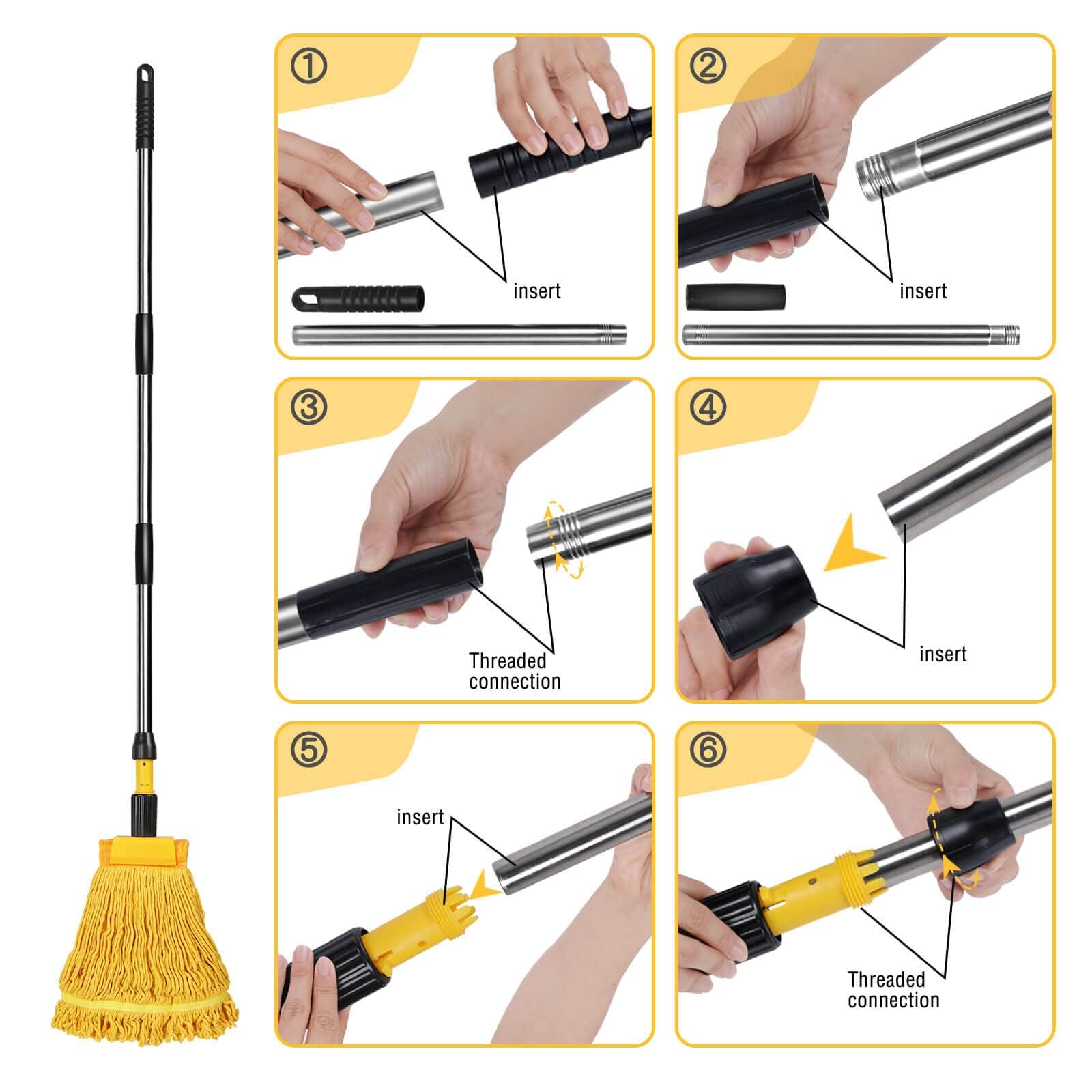 Commercial Mop, Looped-End String Industrial Mop, Heavy Duty Mops with 2 String Cotton Mop Heads for Floor Cleaning, Blue/Yellow
