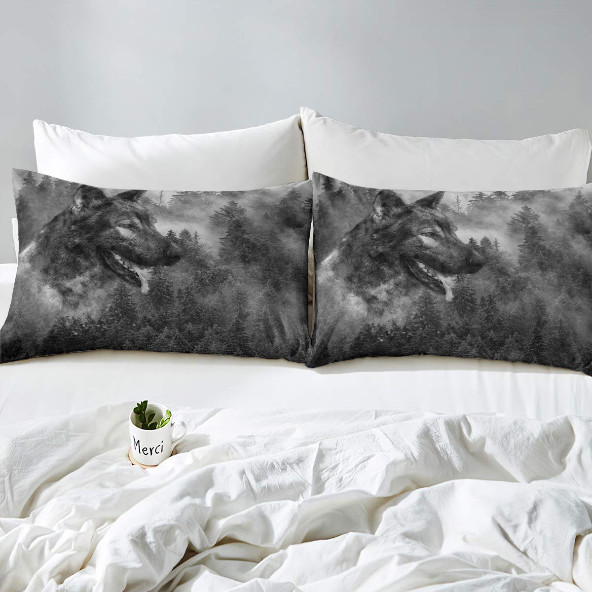 Wild Wolf Comforter Cover Safari Animal Bedding Set Cool Wildlife Style Duvet Cover for Children Kids Boys Girls Tree Nature Gray Bedspread Cover Room Decor Bedclothes King Size - Image 2