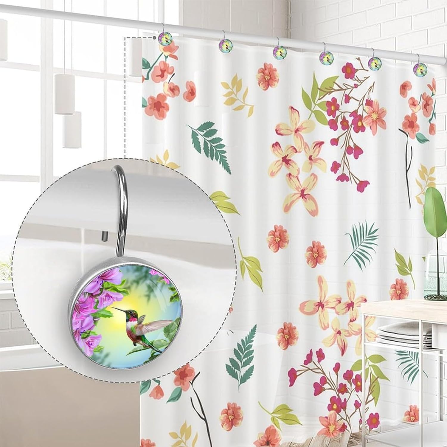 12pcs Shower Curtain Hooks,Spring Bird Decorative Shower Curtain Hanger Rings Roller, Stainless Steel Round Shower Rings Hangers for Bathroom