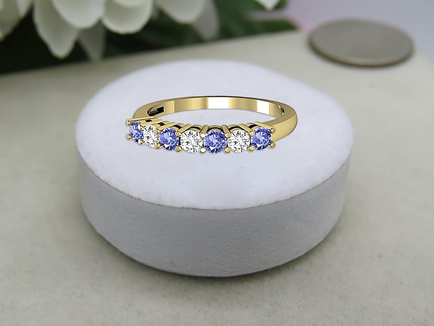 Dazzlingrock Collection 2.5mm Alternate Round Gemstone and White Diamond 7 Stone Wedding Band for Women in 14K Solid Yellow Gold