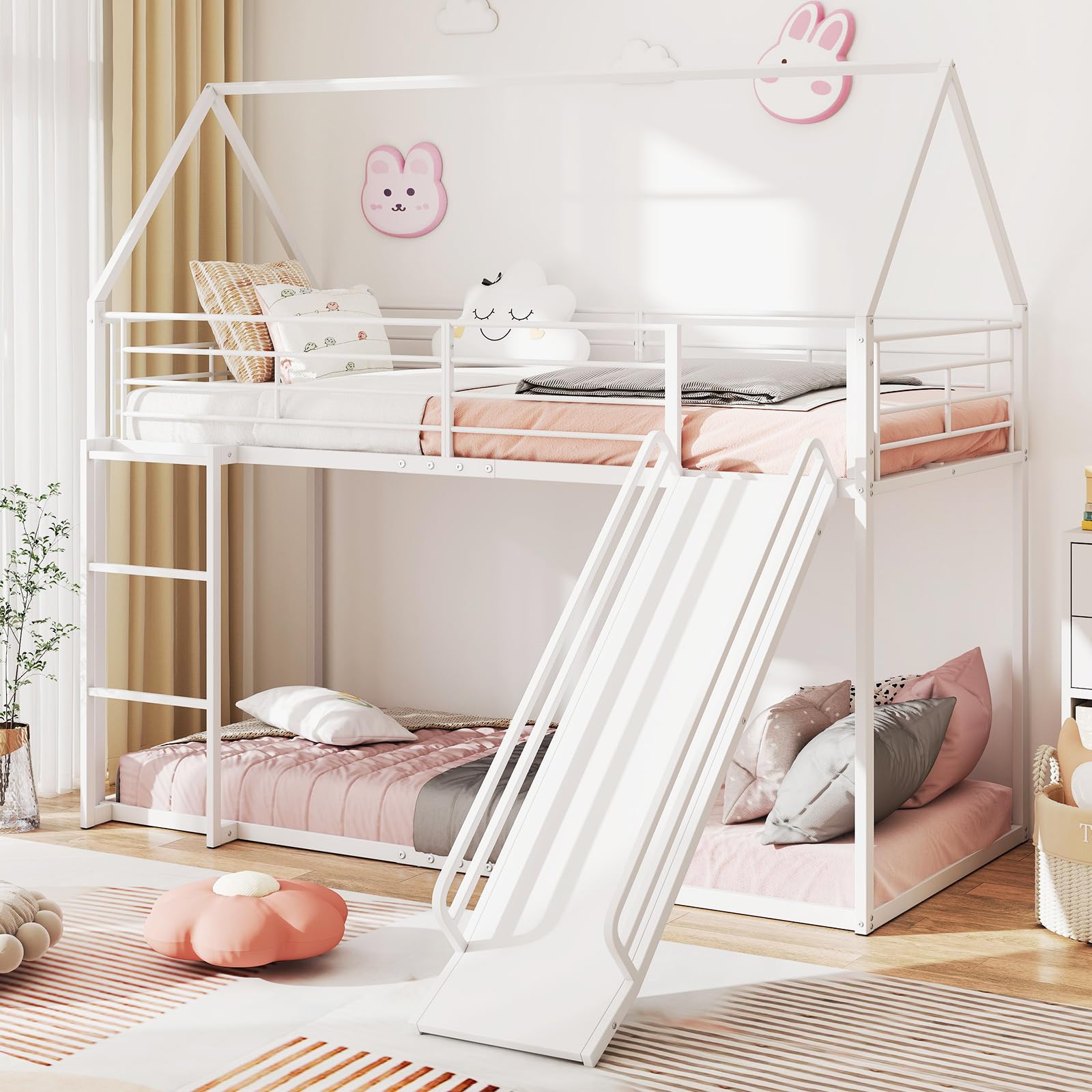 COSTWAY Cama Litera en Forma de Casa con Tobogán, Cama Doble Infantil con Barandilla de Seguridad y Escalera, Cama Alta Robusta con Soporte de Lamas Metálicas, No Requiere Somier, 200 x 90 cm (Blanco)