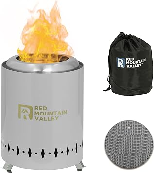 Red Mountain Valley Smokeless Tabletop Fire Pit with Mat, Portable Mini Low Smoke Camping Stove, with Travel Bag and Fireproof Mat, Stainless Steel Grey, for Outdoor Enthusiasts