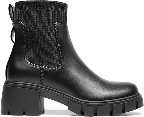 Miniatura 2 de DREAM PAIRS Botines elásticos Chelsea para mujer, con suela de lengüeta de moda, tacón grueso, sin cordones, para otoño, botas cortas