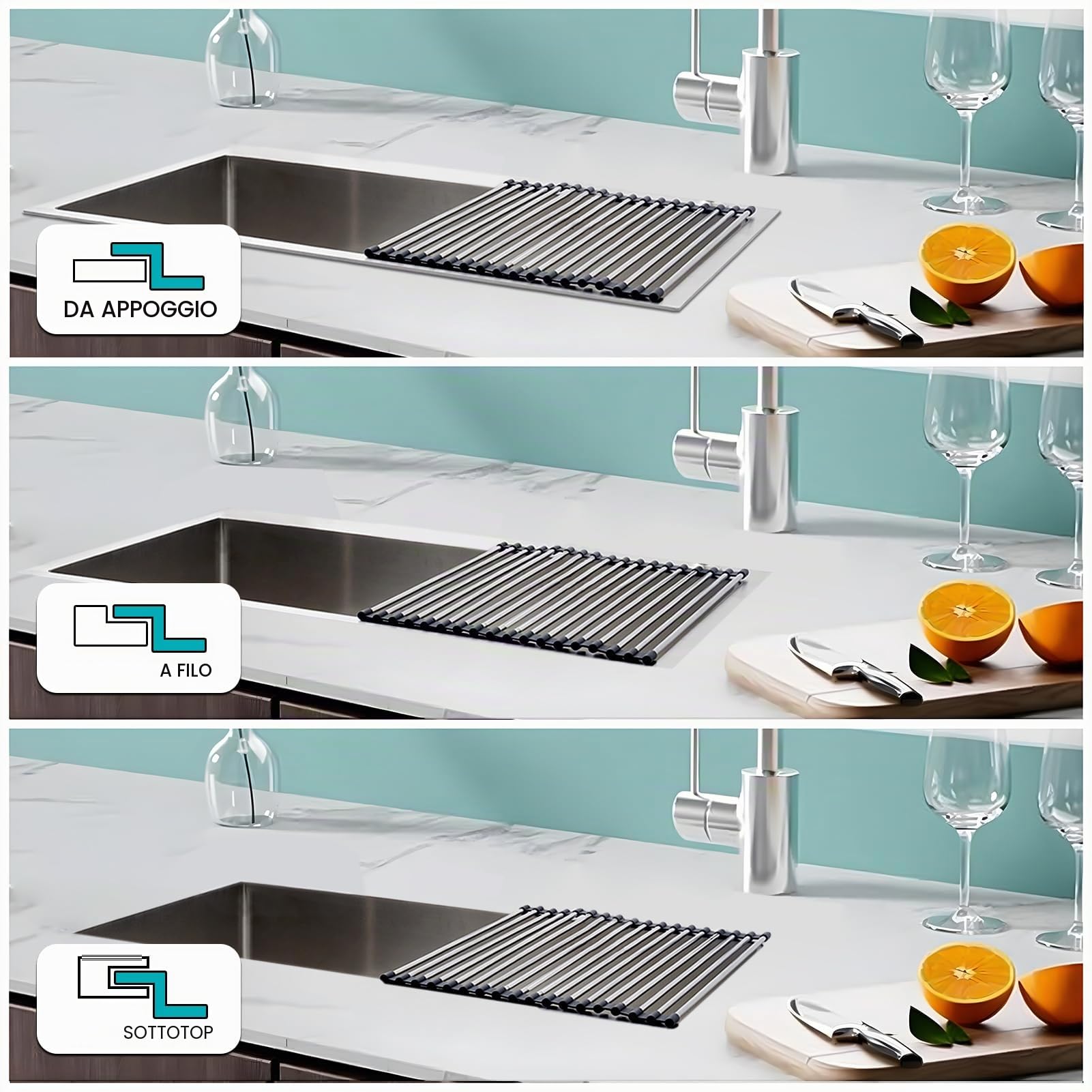 Lavello da Cucina 90x50cm Acciaio Inox 304, Kit Completo con Sifone e Drenaggio, Essiccatore, Tagliere, Vaschetta Piccola, Filtro Extra Grande, Resistente ai Graffi, Lavabo Basso/Montato su Piano