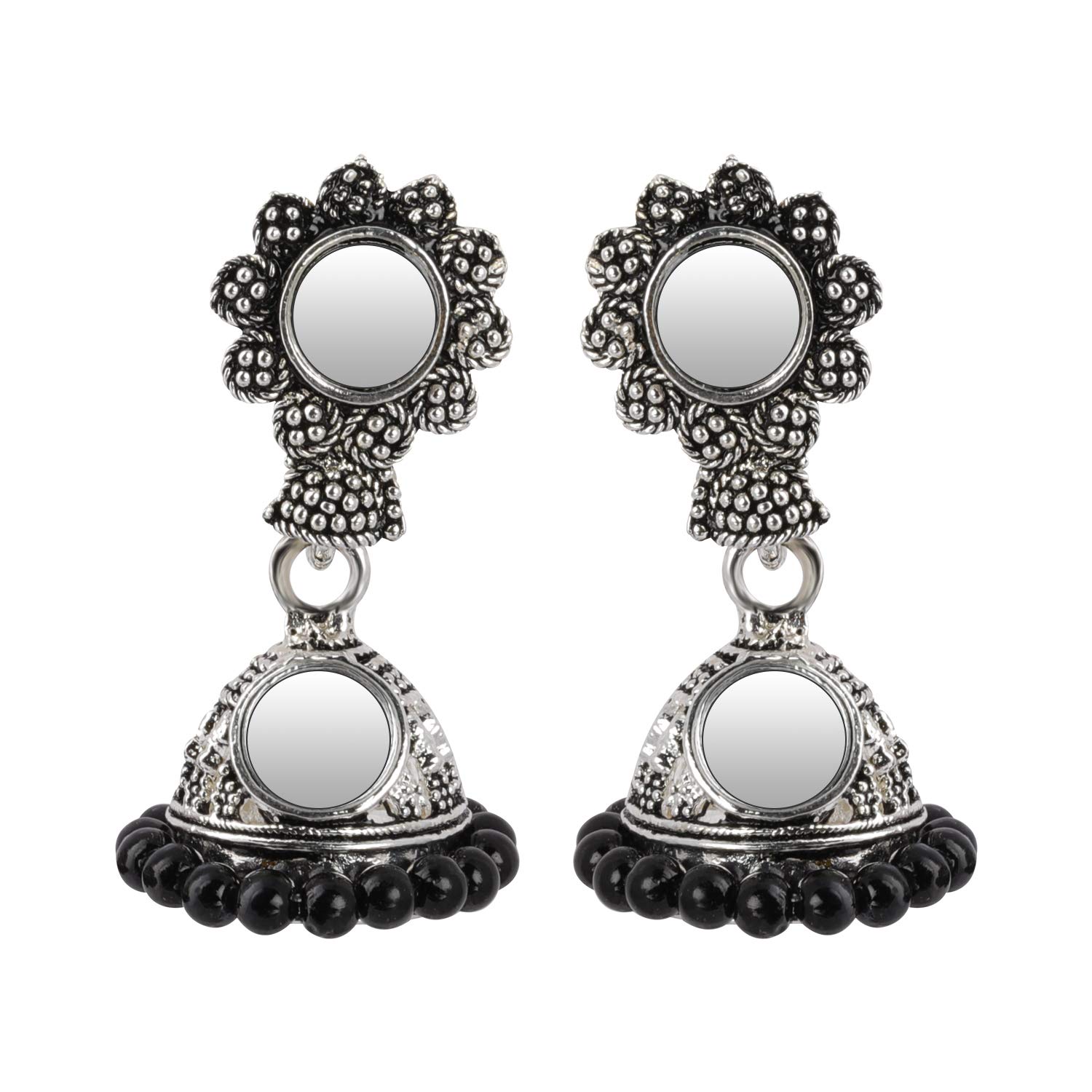 Silver Shine Spunky Green Mirror with Beads Jhumki Earrings