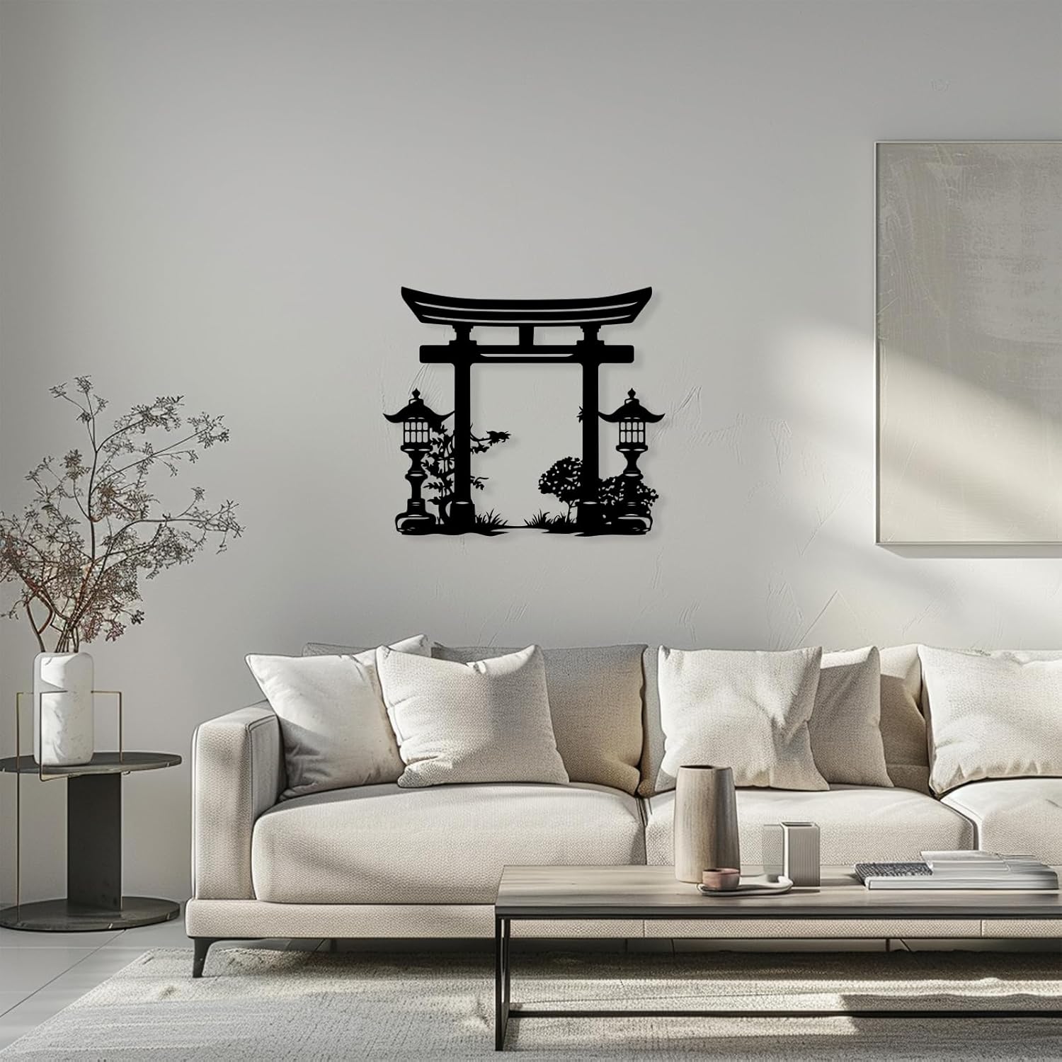 Freton Torii Metal Japanese Wall Art, Large Japanese Cherry Blossom Wall Decor, Metal Torii Gate Art Oriental Decor, Asian Home Decoration for Living Room Patio Yard Garden Outdoor (Black, 18.5" x 16.4")