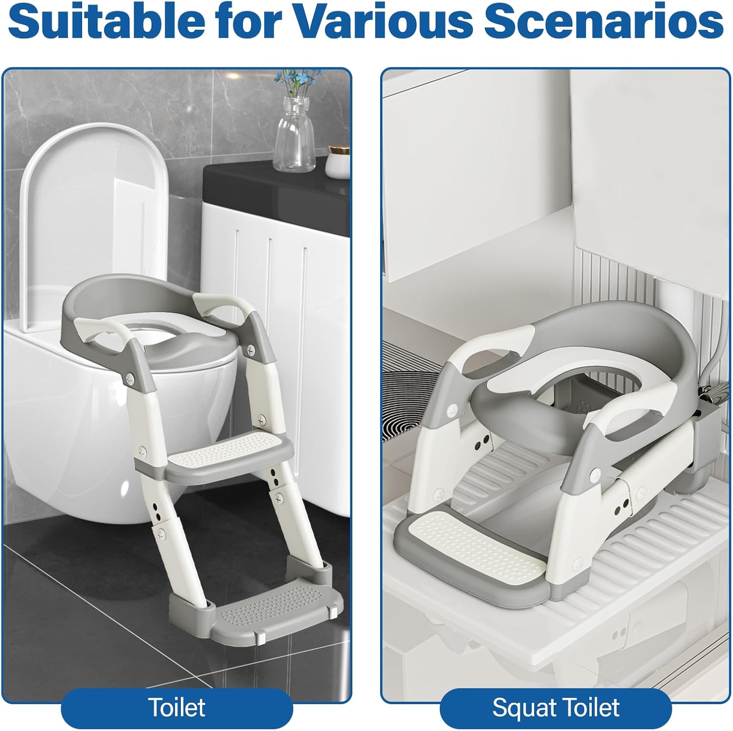 3 in 1 Potty Training Seat for Toddlers Adjustable Toilet Trainer with Anti-Slip Steps and Splash Guard Converts to Step Stool & Child Toilet Chair Foldable Design for Boys & Girls(Grey)