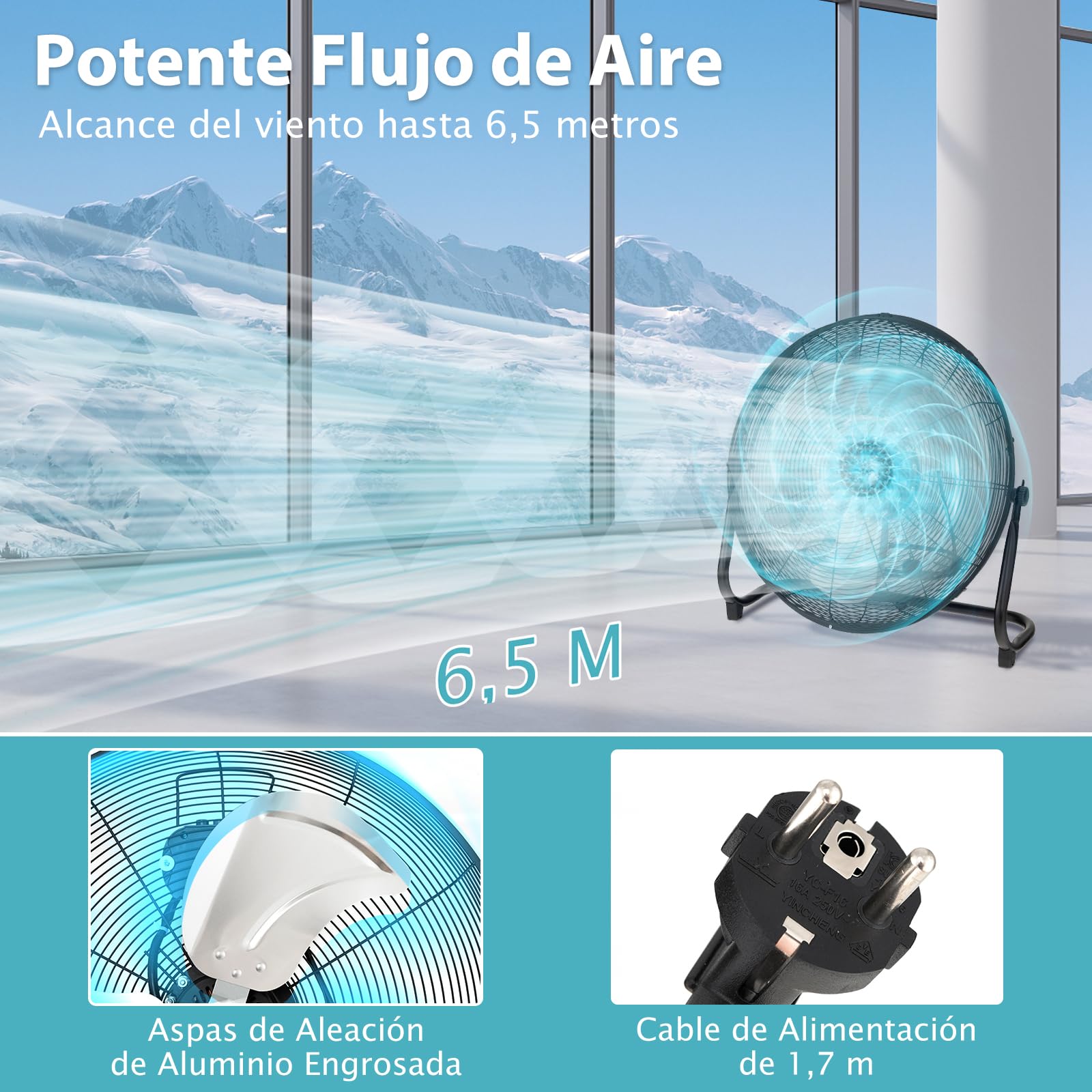 RELAX4LIFE Ventilador de Suelo Industrial Φ60cm con 3 Velocidades y Inclinación Ajustable, Ventilador Potente de Aluminio con Asa, Rejilla Segura y Patas Antideslizantes (62x60x20cm)