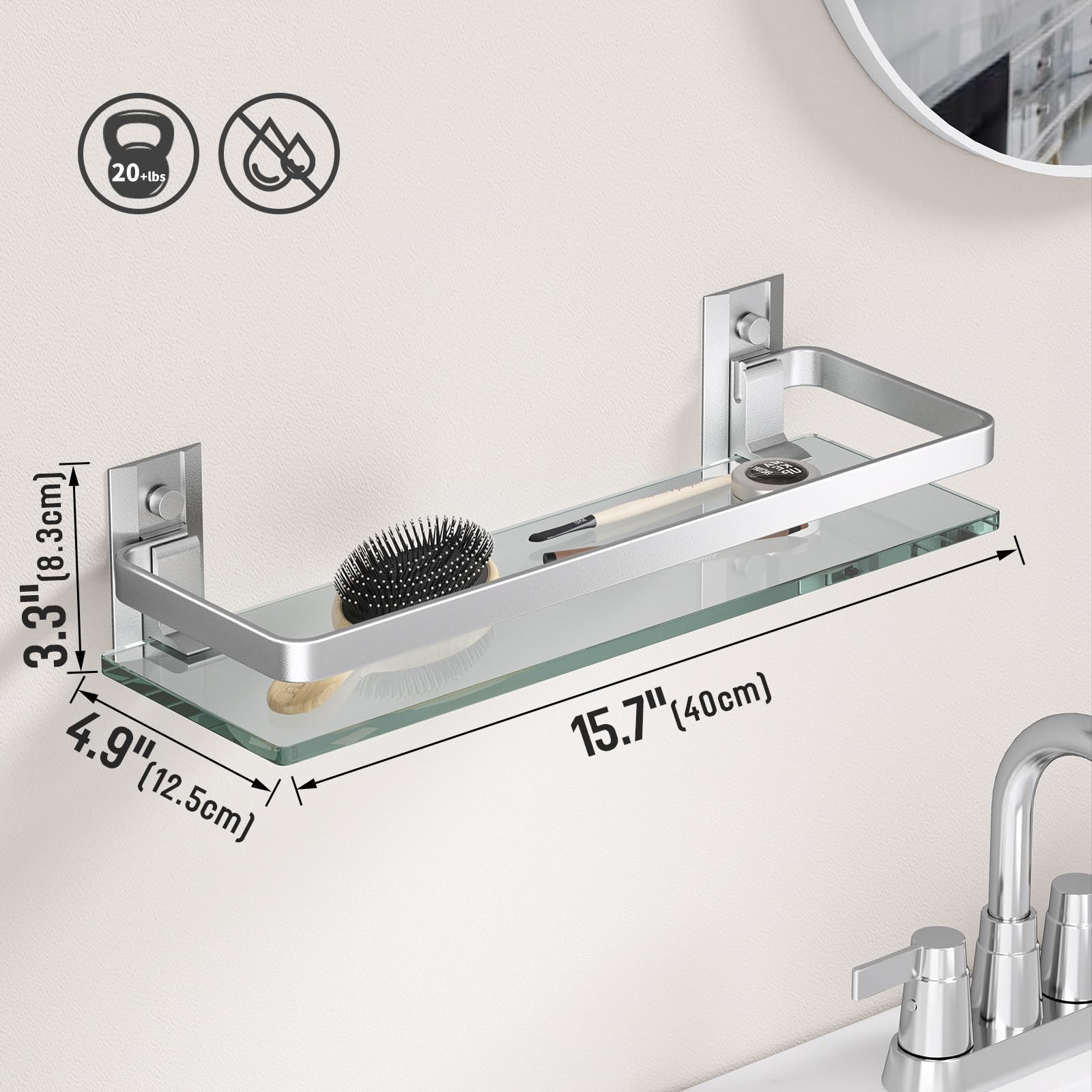 Danpoo Étagère Murale en Verre Tablette Salle de Bain,étagères murales en Verre trempé de 6 mm d'épaisseur pour Salle de Bain avec Support en Aluminium, Organiseur de shampooing, argenté