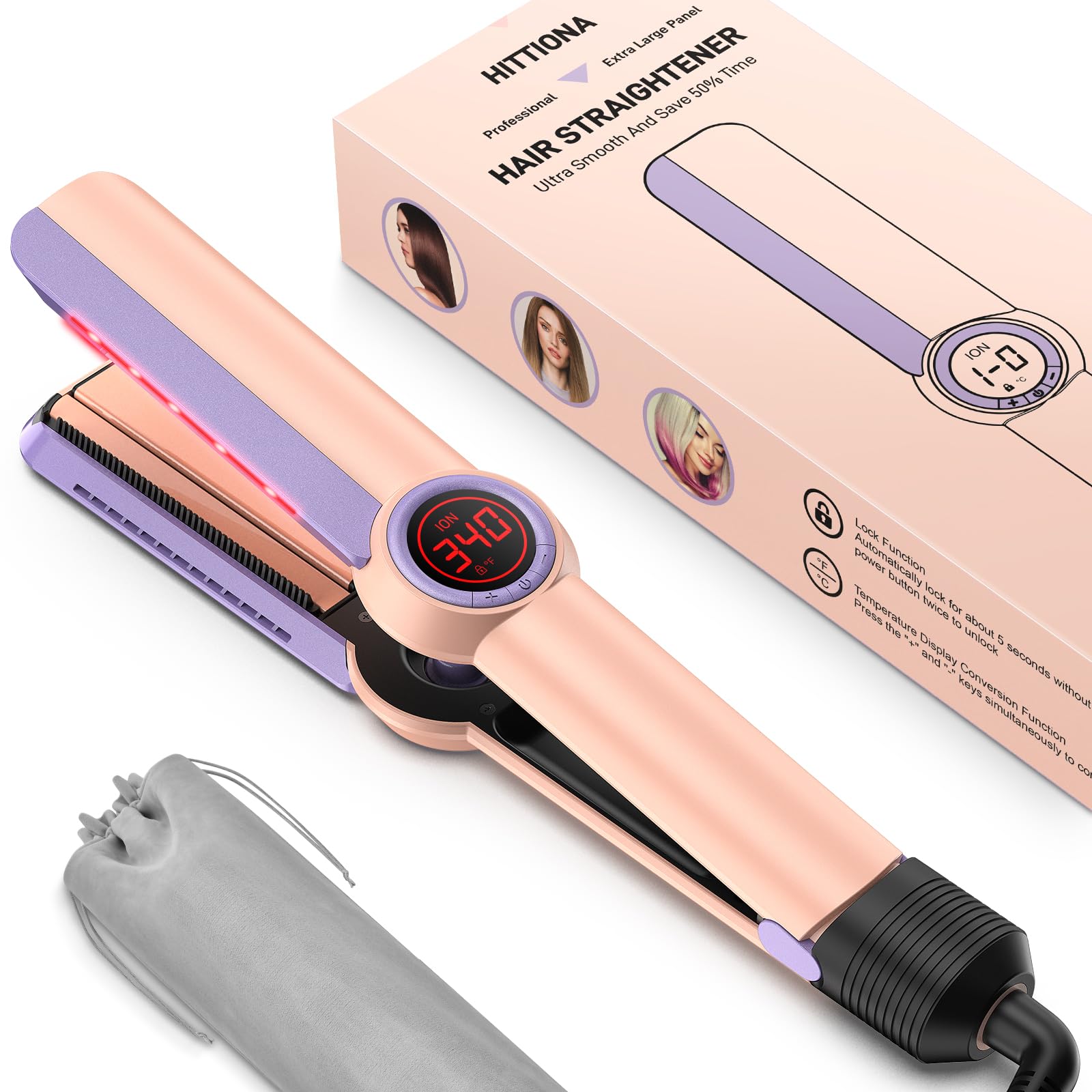 Ionic Flat Iron Hair Straightener - 1.3 Inch Ceramic Plate with Infrared for Anti-Frizz, Detachable Comb for Smooth, LCD Temperature Control, Dual Voltage Travel Flat Iron for All Hair Types