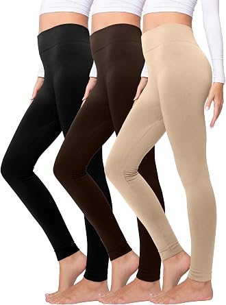 Conceited 3-Pack Womens Fleece Lined Leggings - Ultra-Soft, Premium Comfort - Black, Brown, Khaki - Large - X-Large