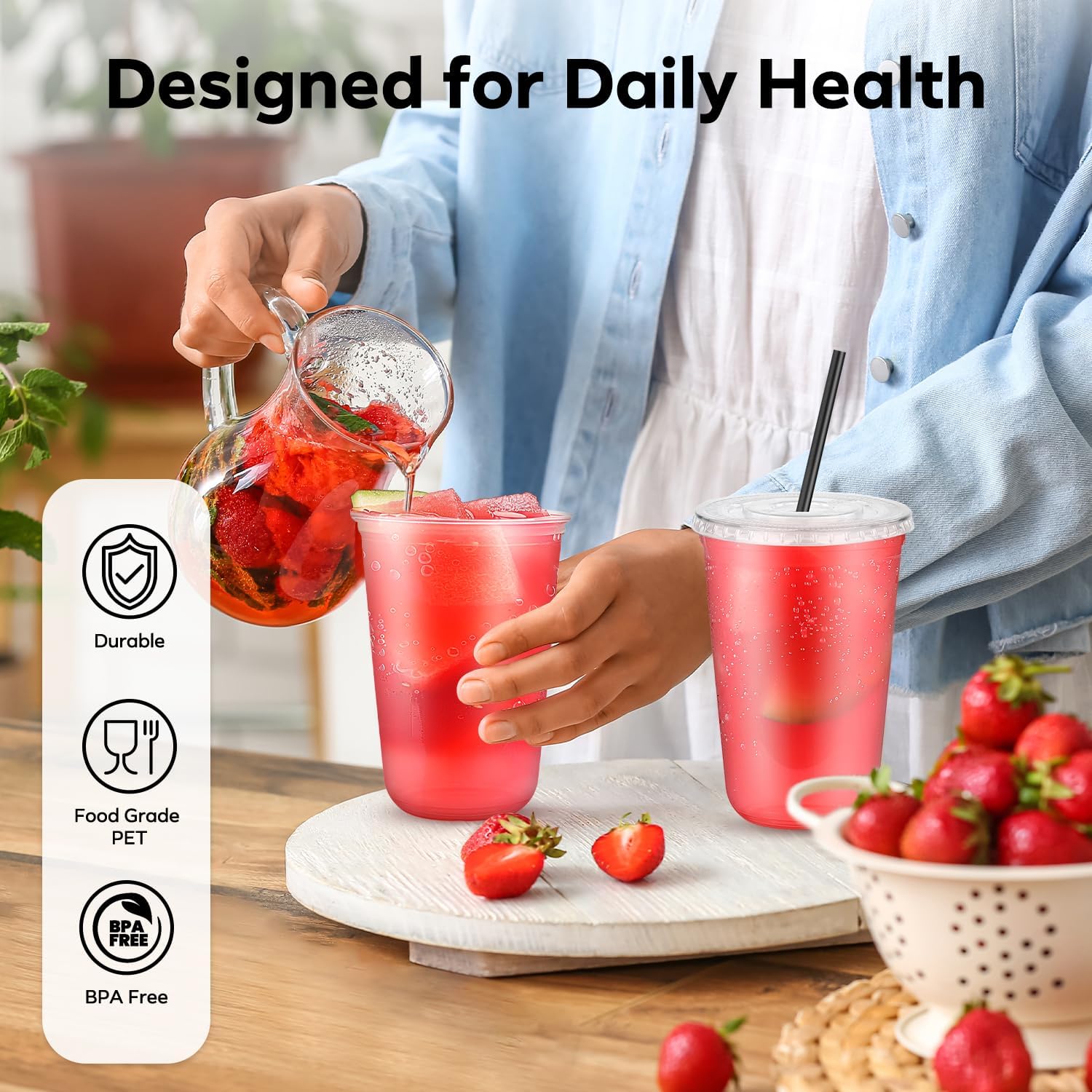 50PCS 16 oz Round Bottom Plastic Cups with Lids and Black Straws, Clear To Go Iced Coffee Smoothie Juice Cups, Disposable Cold Drink Bubble Tea Party Cups for Catering, Christmas, Birthdays, Takeout - Image 5