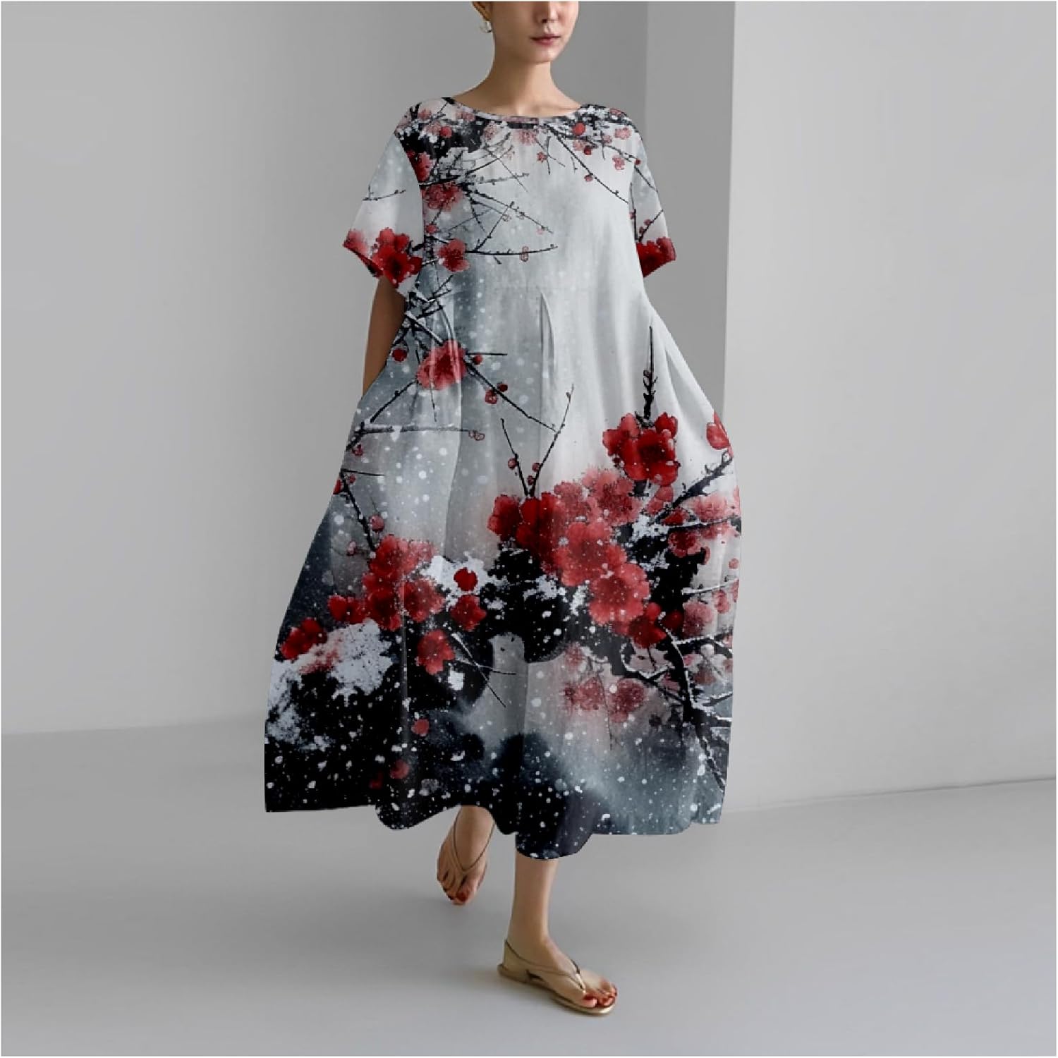 Maxi Dresses for Women 2024 Japanese Art Floral Print Crew Neck Short Sleeve Casual Boho Oversized Dress - Image 2