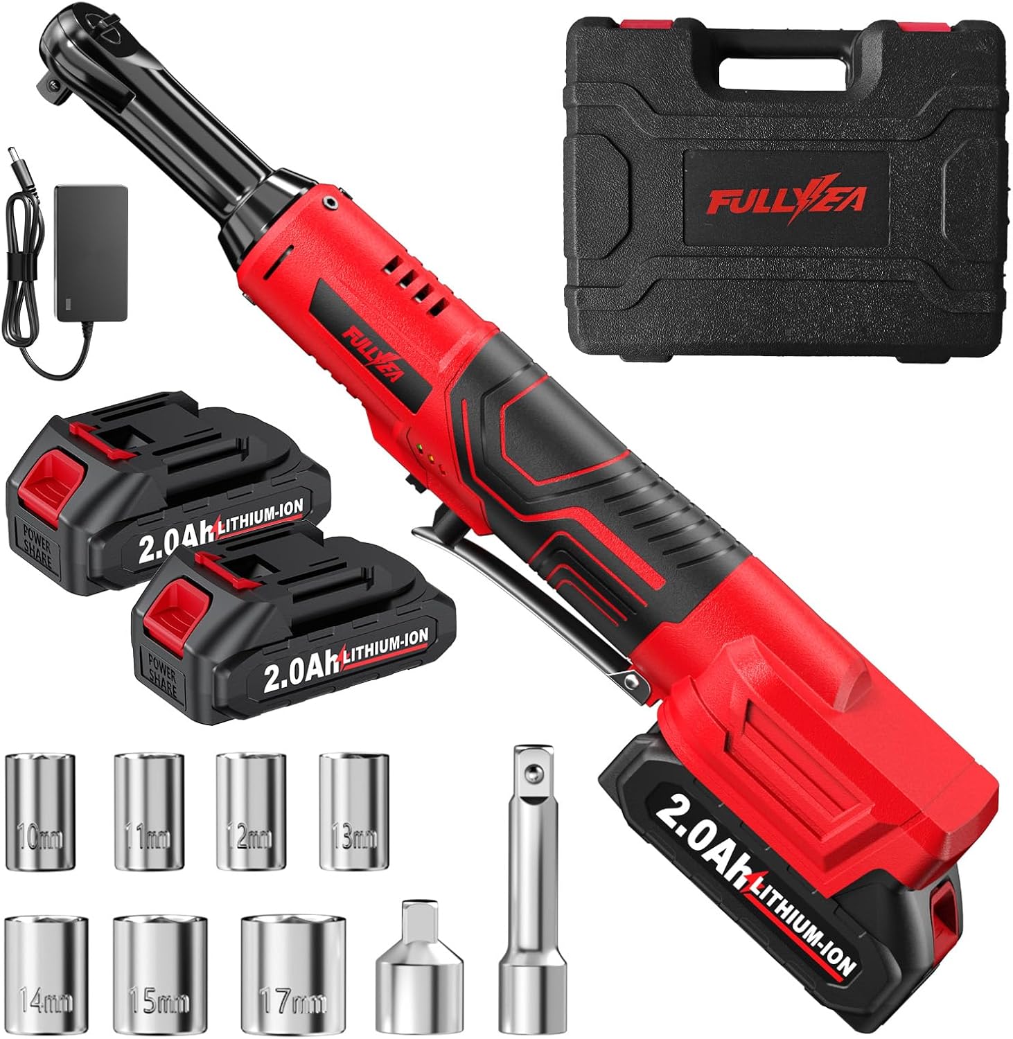 FULLYEA 3/8" Electric Ratchet Wrench Cordless, 21V Brushless Ratchet Wrenches with 3" Extension Bar, 7 Sockets, LED Light, Power Torque Ratchet Tool Set with 2 * 2.0Ah Batteries & Charger