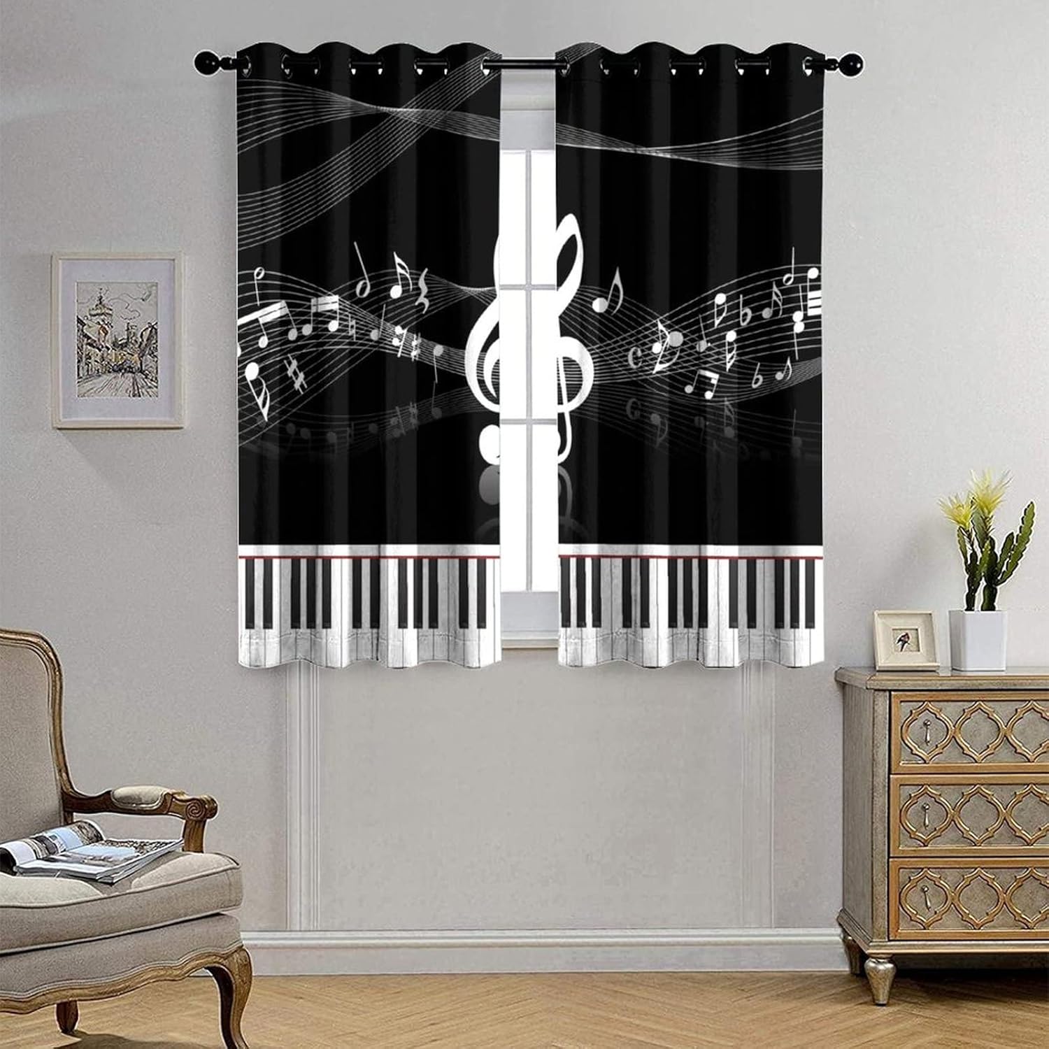 Black & White Piano Notes Blackout Curtains for Bedroom,Abstract Modern Art Music Keyboard Decor Grommet Thermal Insulated Room Darkening Curtains Window Curtains 2 Panels 63L x 21W