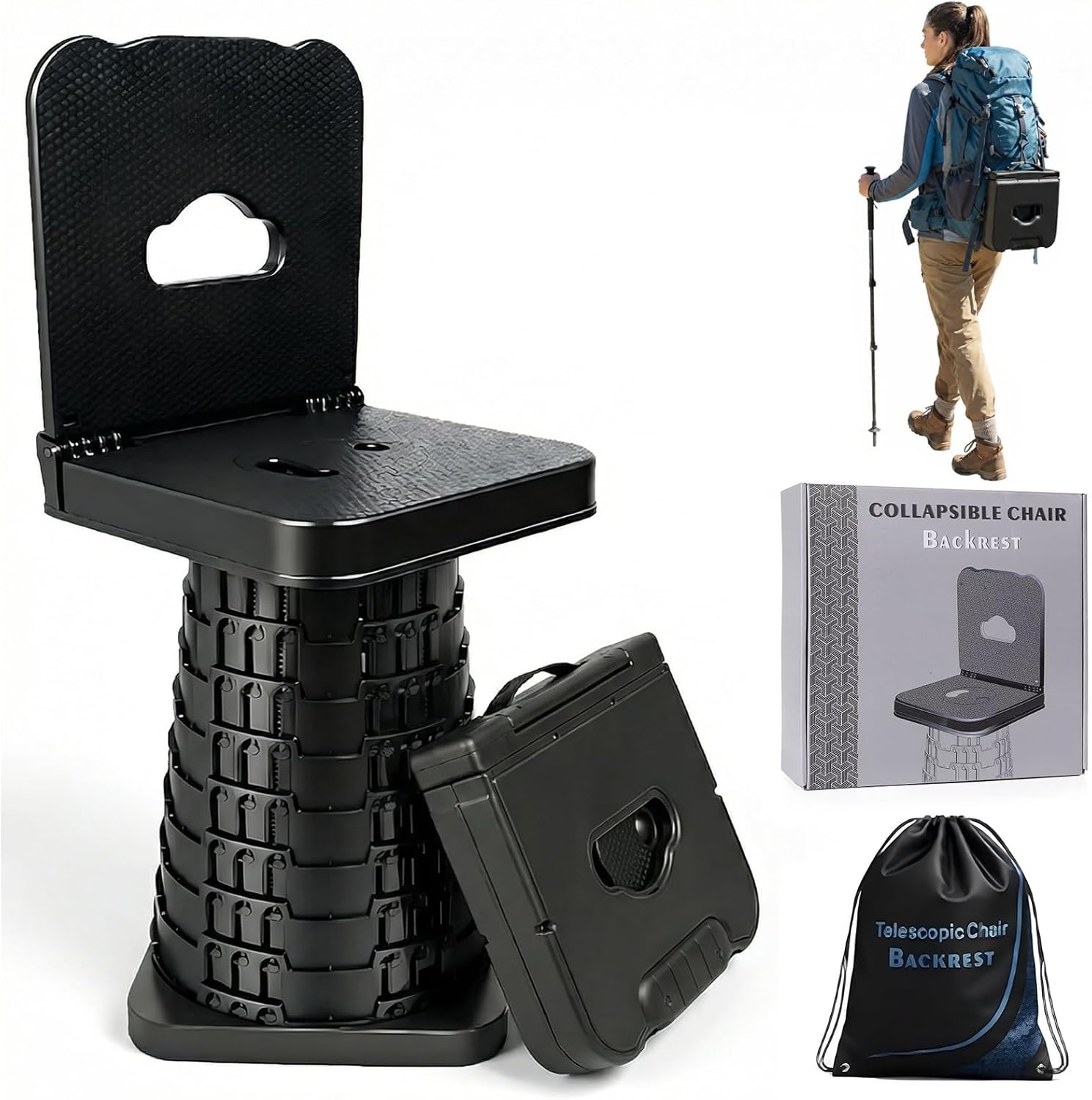 Upgraded Collapsible Stool with Backrest - 600LBS Max Weight, Height Adjustable Portable Folding Chair with Carry Bag, Lightweight Camping Chair for Outdoor Fishing, Hiking, BBQ, Sporting Events