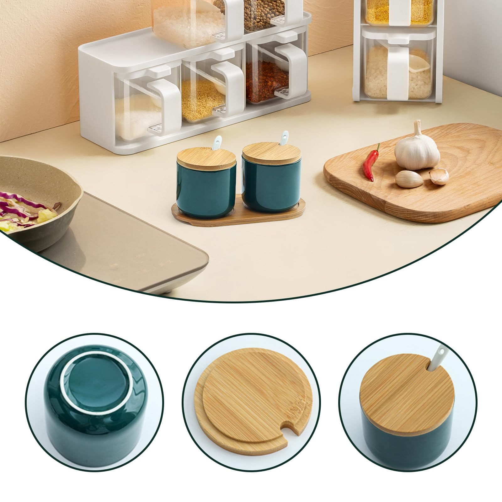 Salière en céramique avec couvercle en bois et cuillère, élégante salière avec couvercle en vert émeraude, récipient à sel moderne pour cuisine et table, pot à sel élégant avec cuillère