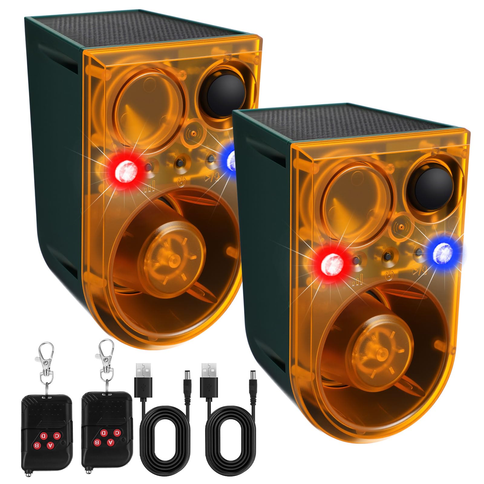 Qualirey Paquete de 2 alarmas solares con sensor de movimiento para exteriores, alarma ultrasónica disuasoria de animales, 13 sonidos, 130 dB, fabricante de ruido fuerte con control remoto USB, 4
