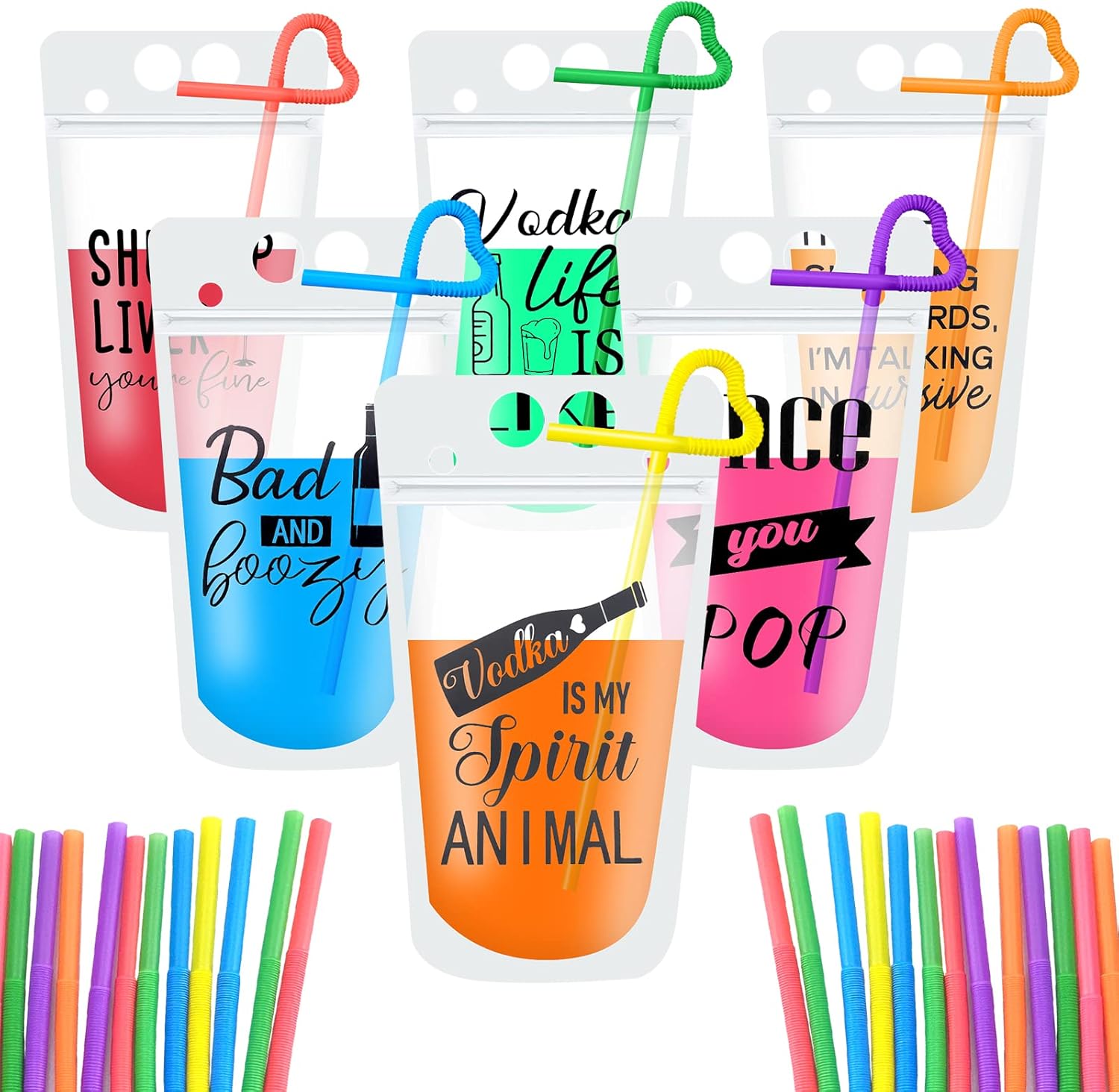 48pc Drink Pouches with Straws, Stand-Up Plastic Drink Pouches for Adults Bags with Zipper Party Beverage Bags Juice Pouches for Smoothie, Cold & Hot Drinks with 48 Drink Straws(48 Sets,6 Styles)
