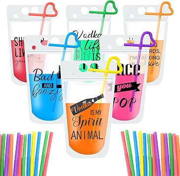 48pc Drink Pouches with Straws, Stand-Up Plastic Drink Pouches for Adults Bags with Zipper Party Beverage Bags Juice Pouches for Smoothie, Cold & Hot Drinks with 48 Drink Straws48 Sets,6 Styles