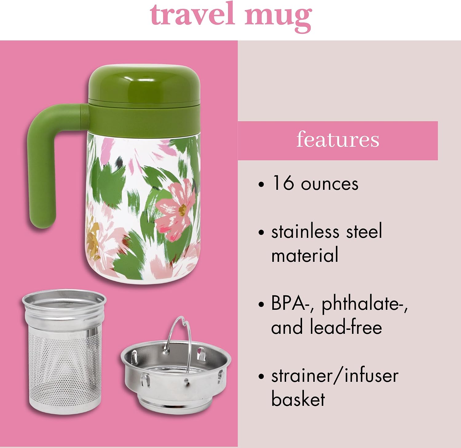 kate spade new york Travel Tea Mug,16 oz Stainless Steel Thermal Mug with Tea Infuser (Hidden Garden)