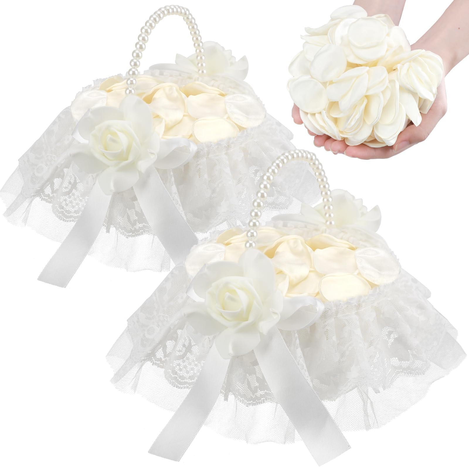 Hochzeitskorb für Blumenmädchen, 2er-Set, Spitzen-Perlen-Hochzeitskorb – mit 400 künstlichen Seidenblüten für romantische Nacht, Brautparty, Dekoration (Blume)