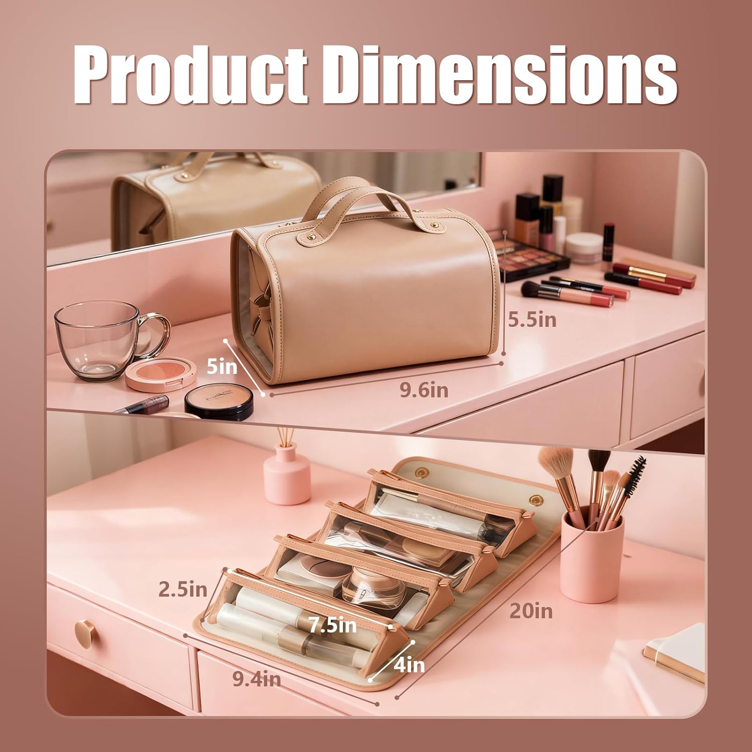 Large Expandable Makeup Bag, 4-in-1 Waterproof Makeup bag, Cosmetic Bag with Detachable Interior Pockets, Ideal for Women Travel Essentials(Brown) - Image 2