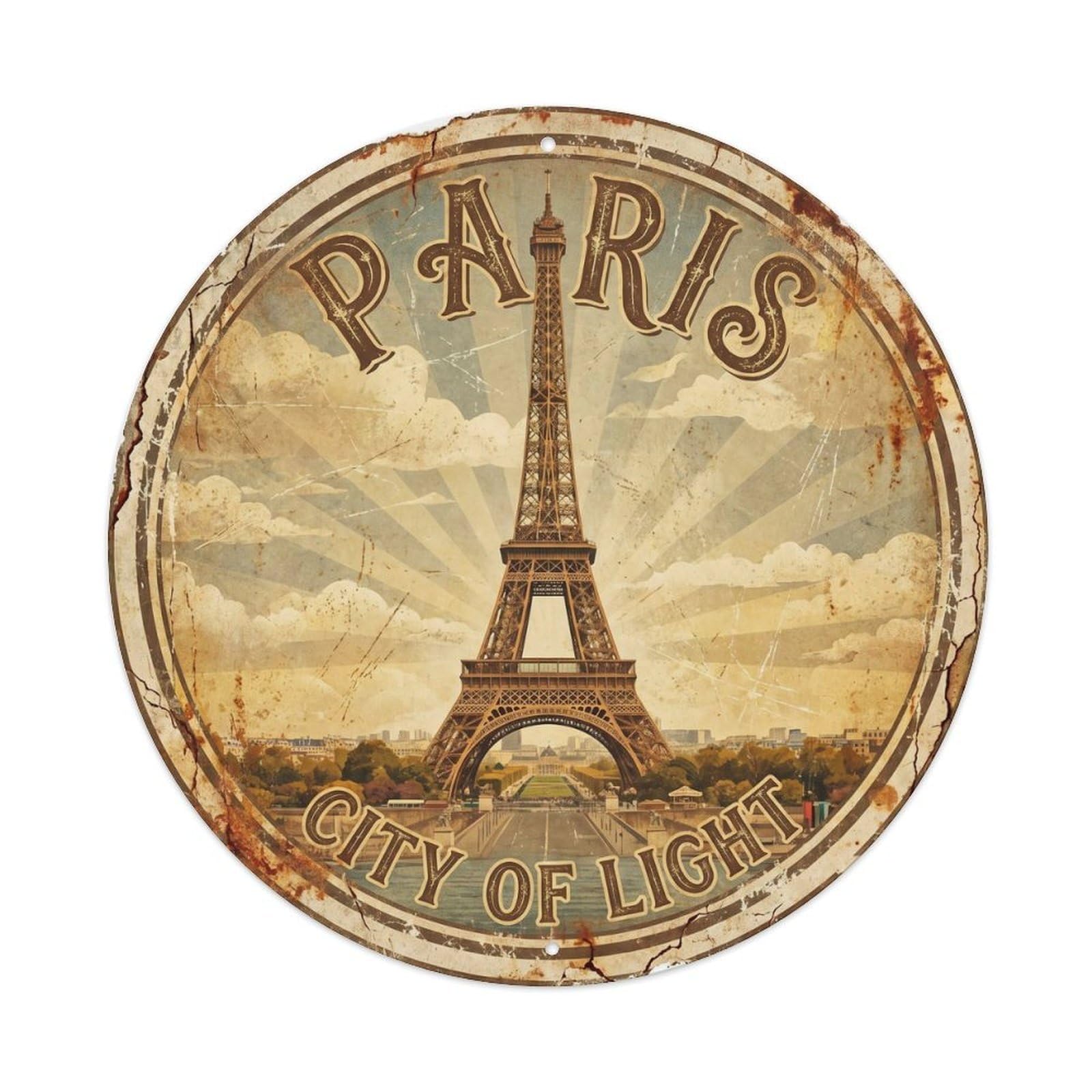 Vintage Travel Eiffel Romantic Paris Metal Tin Sign Plaque Wall Decor for Cafe, Club, Garden Round Metal Poster 8x8Inch