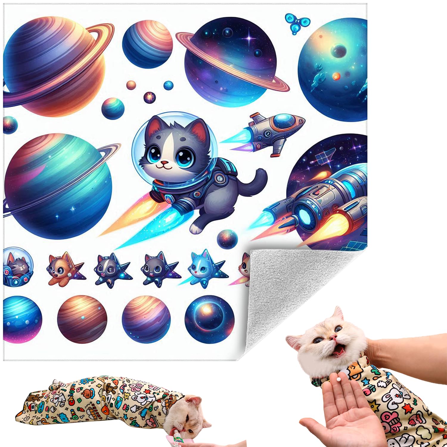 Cat Grooming Wrap, Self-Adherent Soft Cat Blanket to Wrap, Nail Clipping, Anti-Bite, Anti-Scratch, Anti-Escape Calming Wrap (Space, 3-6 lbs)