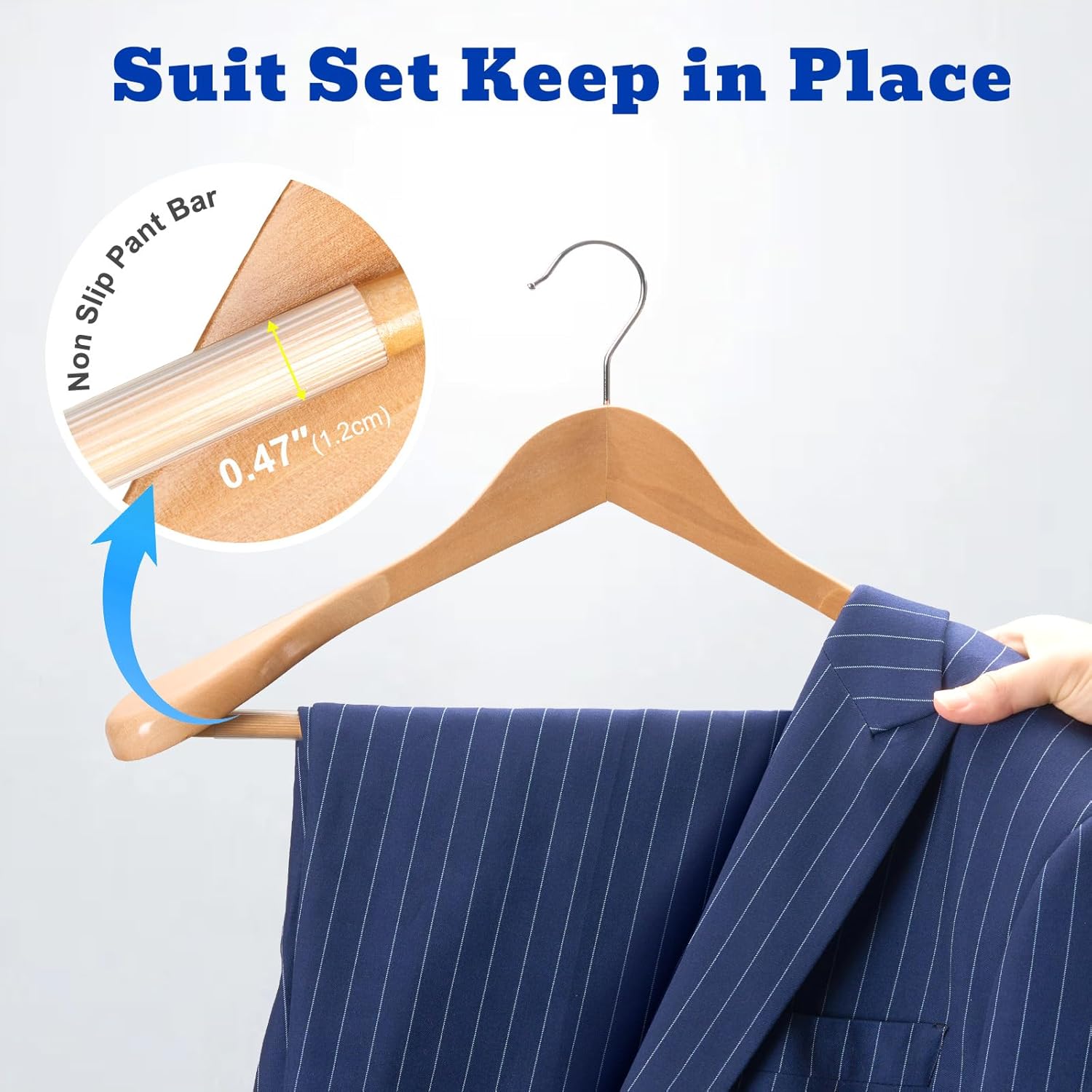 HOUSE DAY Wide Shoulder Wooden Hangers 12 Pack, Wood Suit Hangers for Men with Non Slip Pants Bar, Smooth Finish Solid Wood Coat Hanger for Jacket, Pants, Dress, Heavy Clothes Hangers (Natural) - Image 4