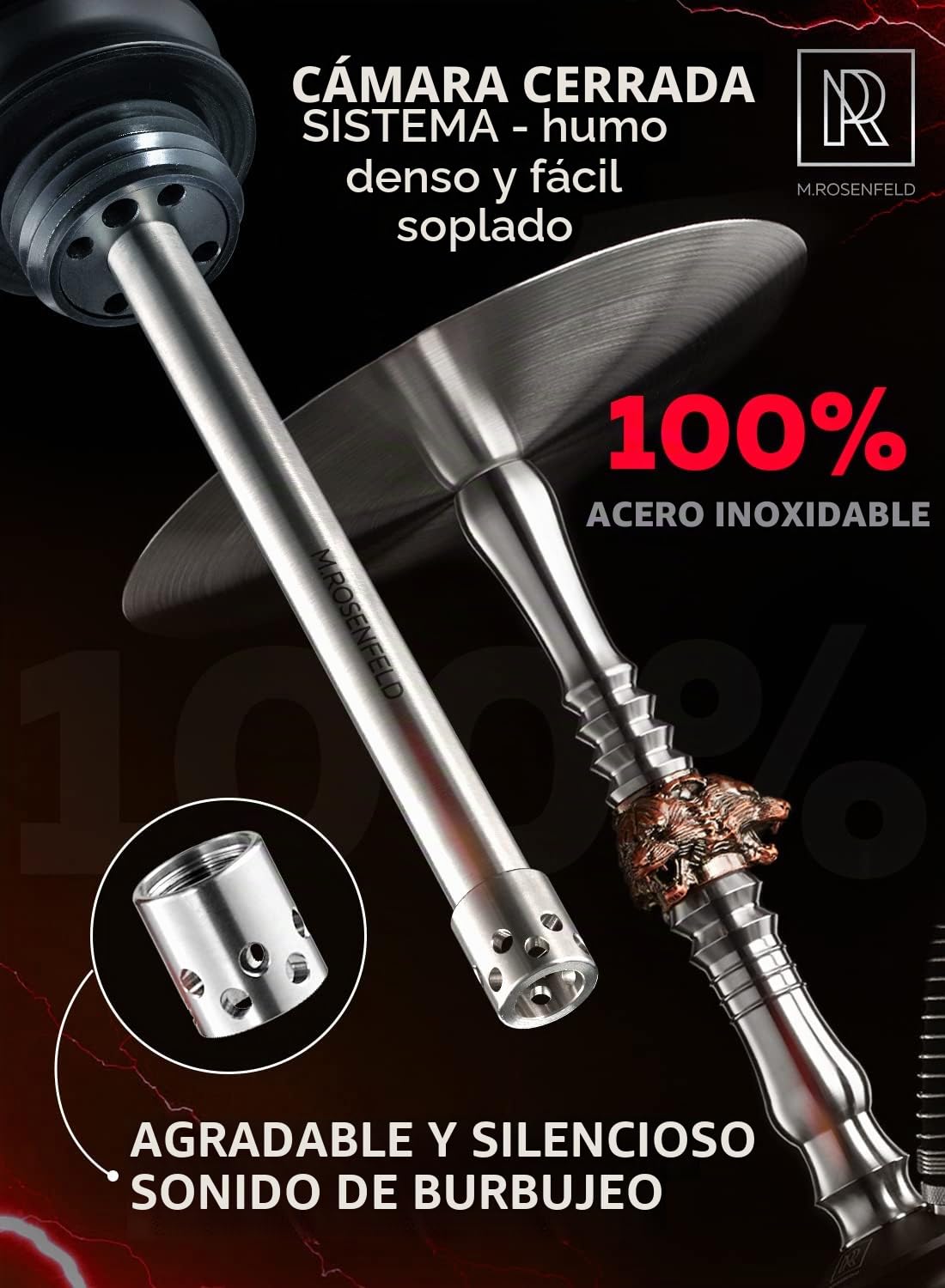 M. ROSENFELD Juego completo de cachimba – Acero inoxidable con flujo de aire único gracias a 3 nobles cabezas de lobo de cobre – Accesorios de calidad + posavasos de luz LED (Nero)