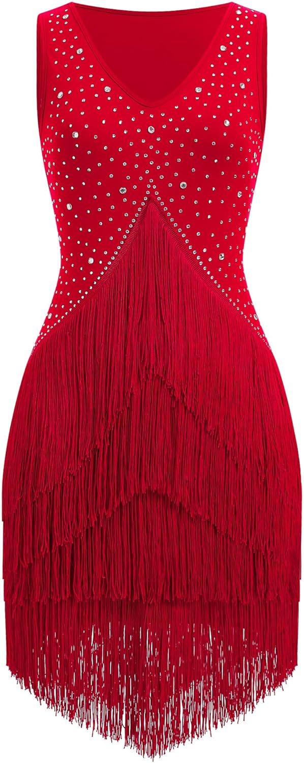 Women Latin Dance Dress Sleeveless V Neck Rhinestone Top Midi Fringe Skirt Adult Sparkly Jazz Ballroom Dance Outfits