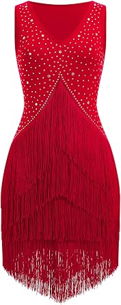 IWEMEK Rhinestones Fringe Tassel Latin Dance Dress for Women Competition Ballroom Dance Costumes Tango Salsa Flapper Dresses
