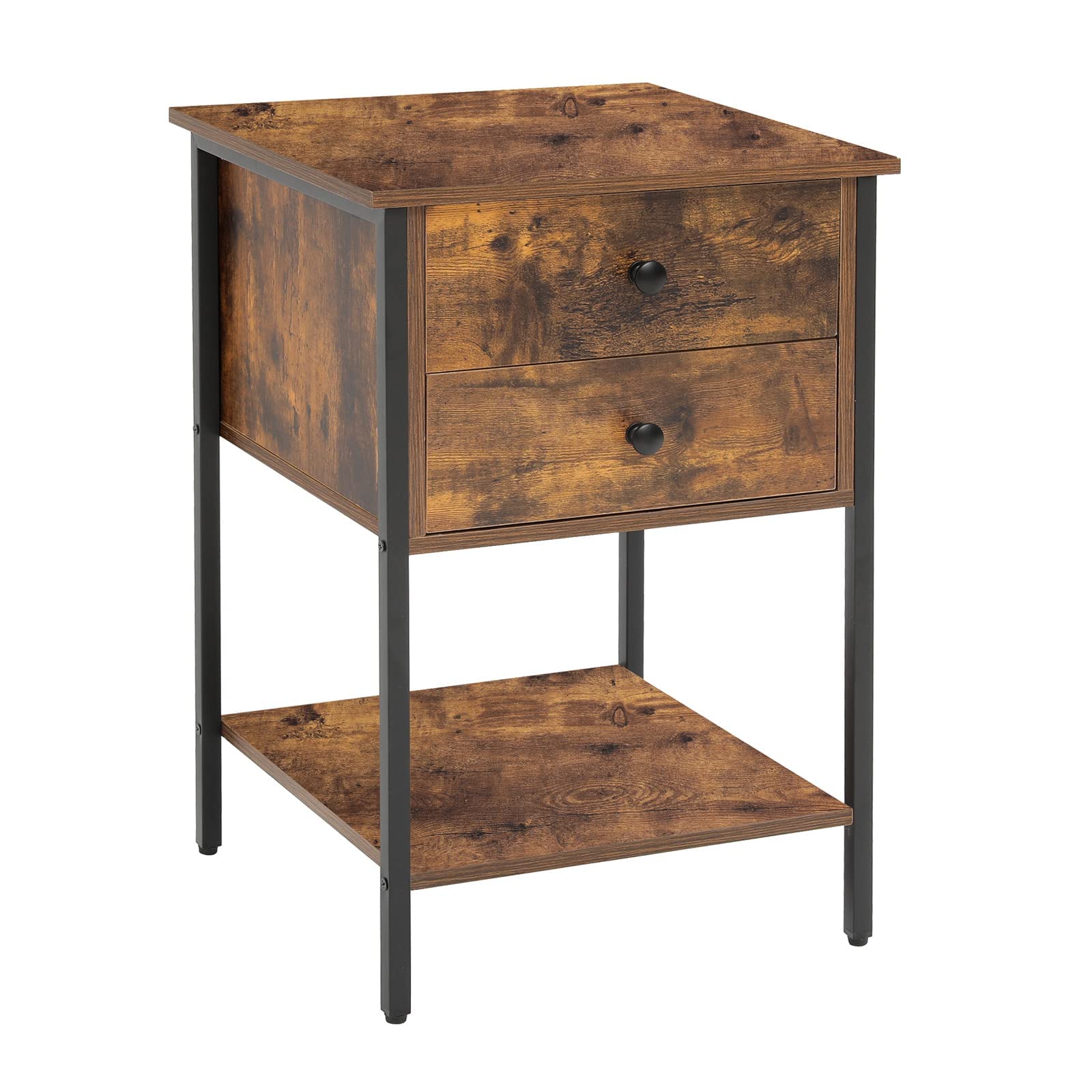 WEENFON End Table with 2 Drawers, Industrial Nightstand with Open Storage Shelves, Bedside Table, Easy Assembly, Wooden Nightstand, Rustic Brown