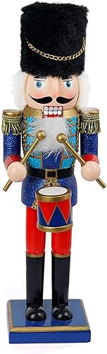 FUNPENY Cascanueces decorativo de Navidad de 14 pulgadas, guardia brillante de madera hecha a mano en uniforme tradicional azul, figuras de soldado,