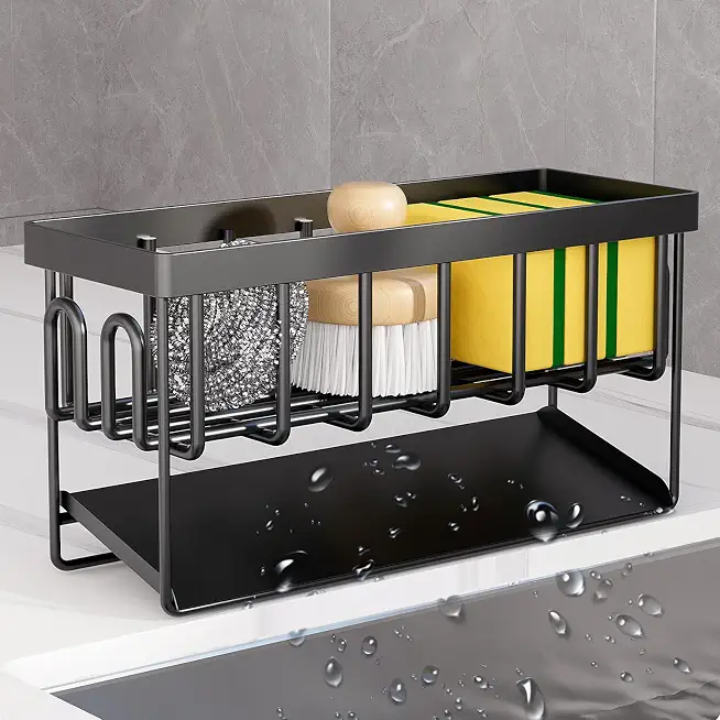 Rustproof Kitchen Sink Organizer with Sponge Holder, Rag Hook, and Self-Draining Tray, Ideal Storage for Sponge, Soap Dispenser, and Kitchen Accessories
