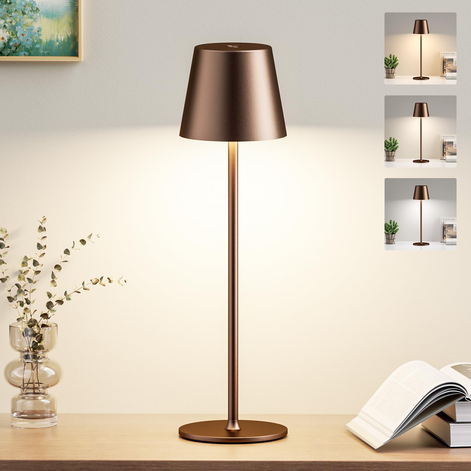 PreeOtti Tischlampe Kabellos, Akku LED Tischleuchte Touch mit 3 Farbtemperatur, Stufenlos Dimmbar, Touch Lampe mit USB-C Aufladbar für Outdoor Nachttisch Esstisch Camping(Braun)