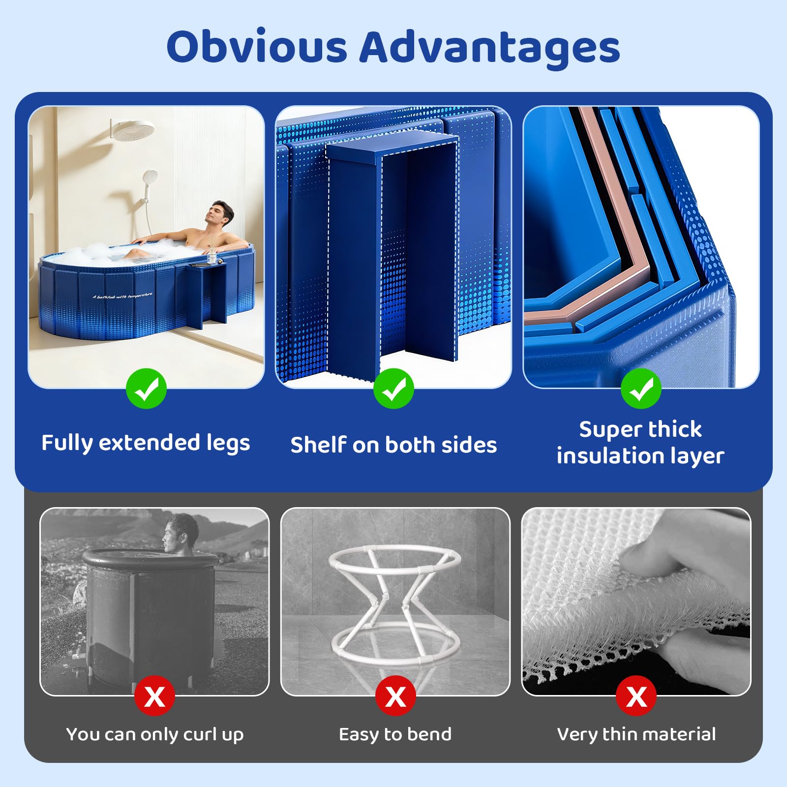 Bañera plegable portátil, bañera independiente sin instalación, bañera de baño de spa, ducha plegable para baño caliente y hielo (azul con estante de almacenamiento, 59 pulgadas de largo x