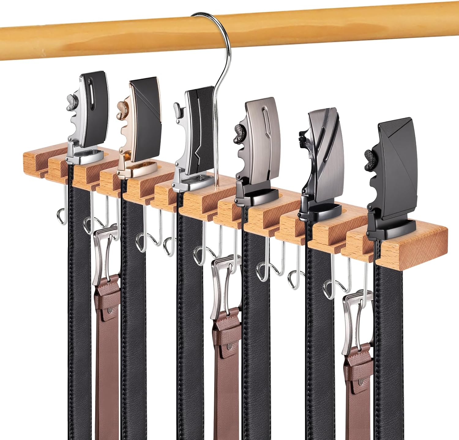 Wooden 23-Slot Belt Organizer with Swivel Hook