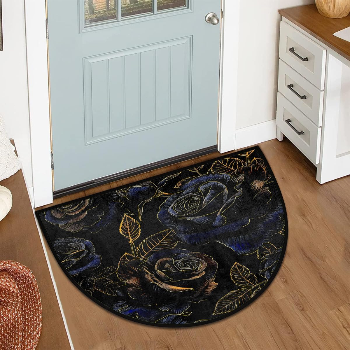Half Round Door Mat Blue Gold Rose Flower Semi Circle Area Rug Washable Half Moon Bathroom Rugs Entryway Rug for Indoor Outdoor Kitchen Hearth Fireplace Floor Welcome Carpet Low Profile