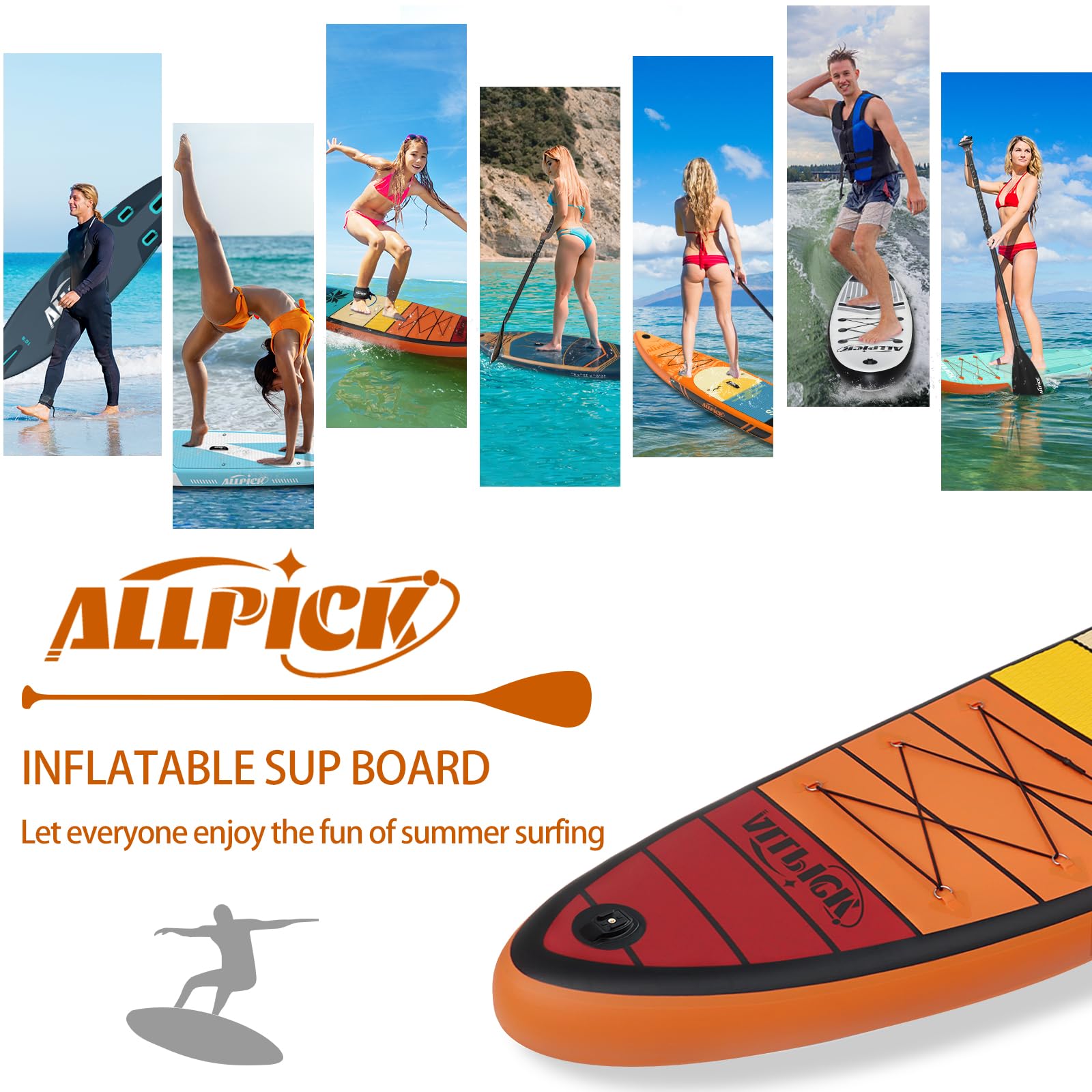 ALLPICK Premium SUP Board Set, Stand Up Paddling Board Aufblasbar, Mit Universal Kamerahalterung, Komplettes Zubehör, Verstellbares Paddel, 200kg