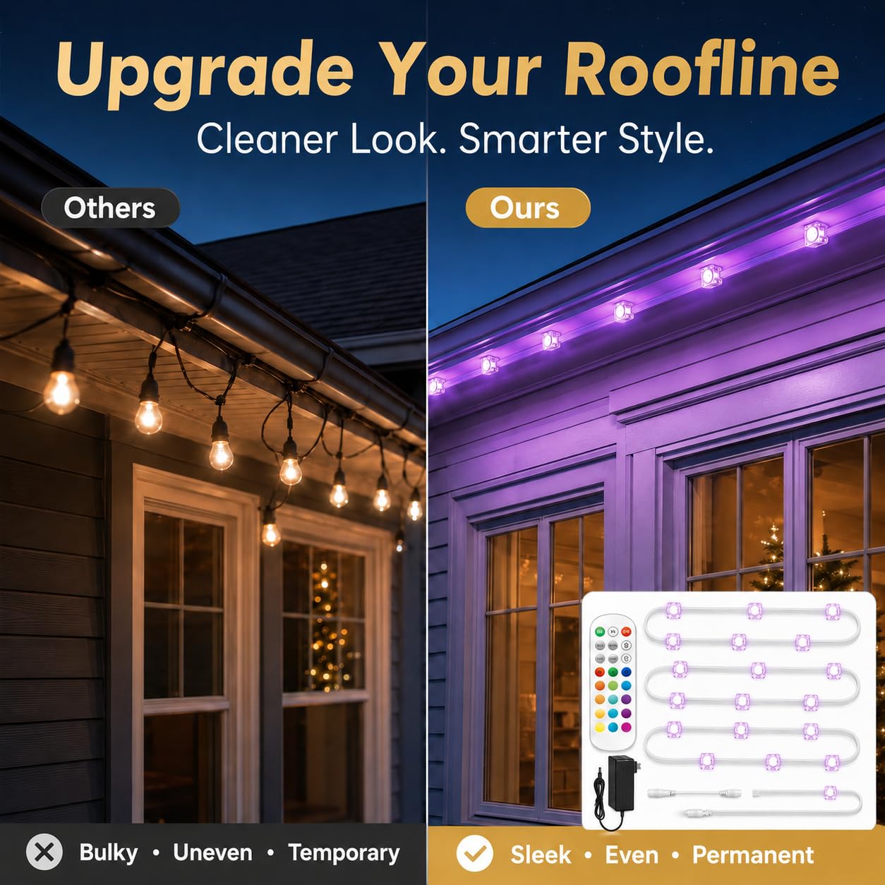 MUCCCUTE Permanente Außenleuchten für Weihnachten, 60 m, RGB-Hauslichter, mit App und Fernbedienung, Smart Rainbow LED, IP67 wasserdicht, für Feiertage, Neujahr, Dachtraufe, Gartendekoration