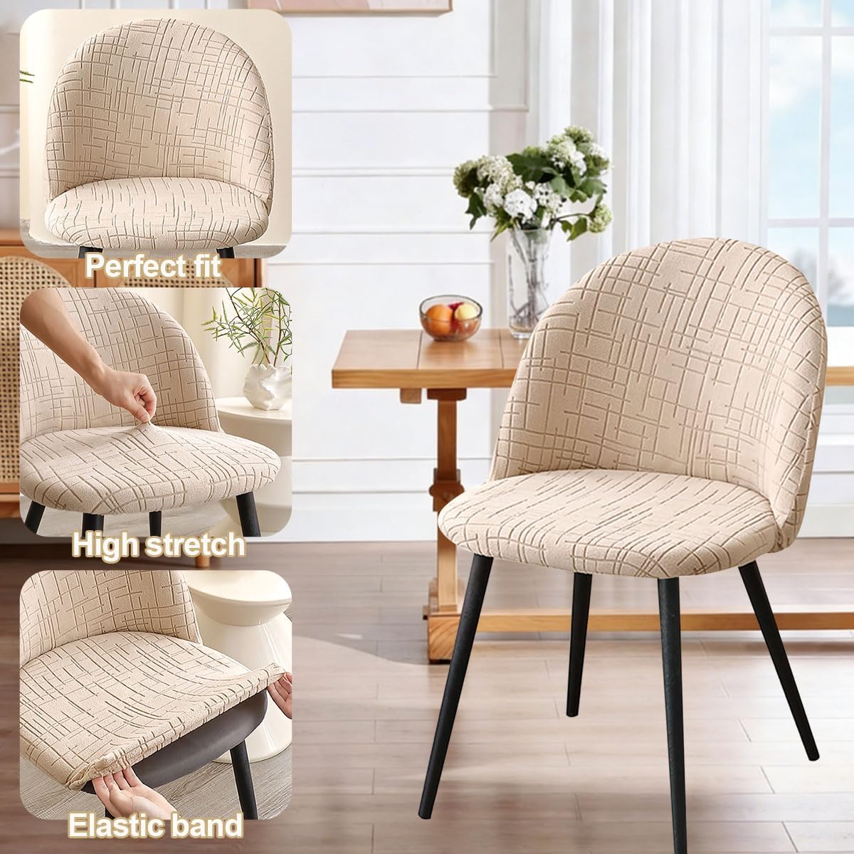 Curved Back Dining Room Chair Covers Set of 4 Stretch Mid Century Modern Dining Chair Slipovers Armless Round Back Chair Slipcovers for Kitchen Office Living Room Khaki