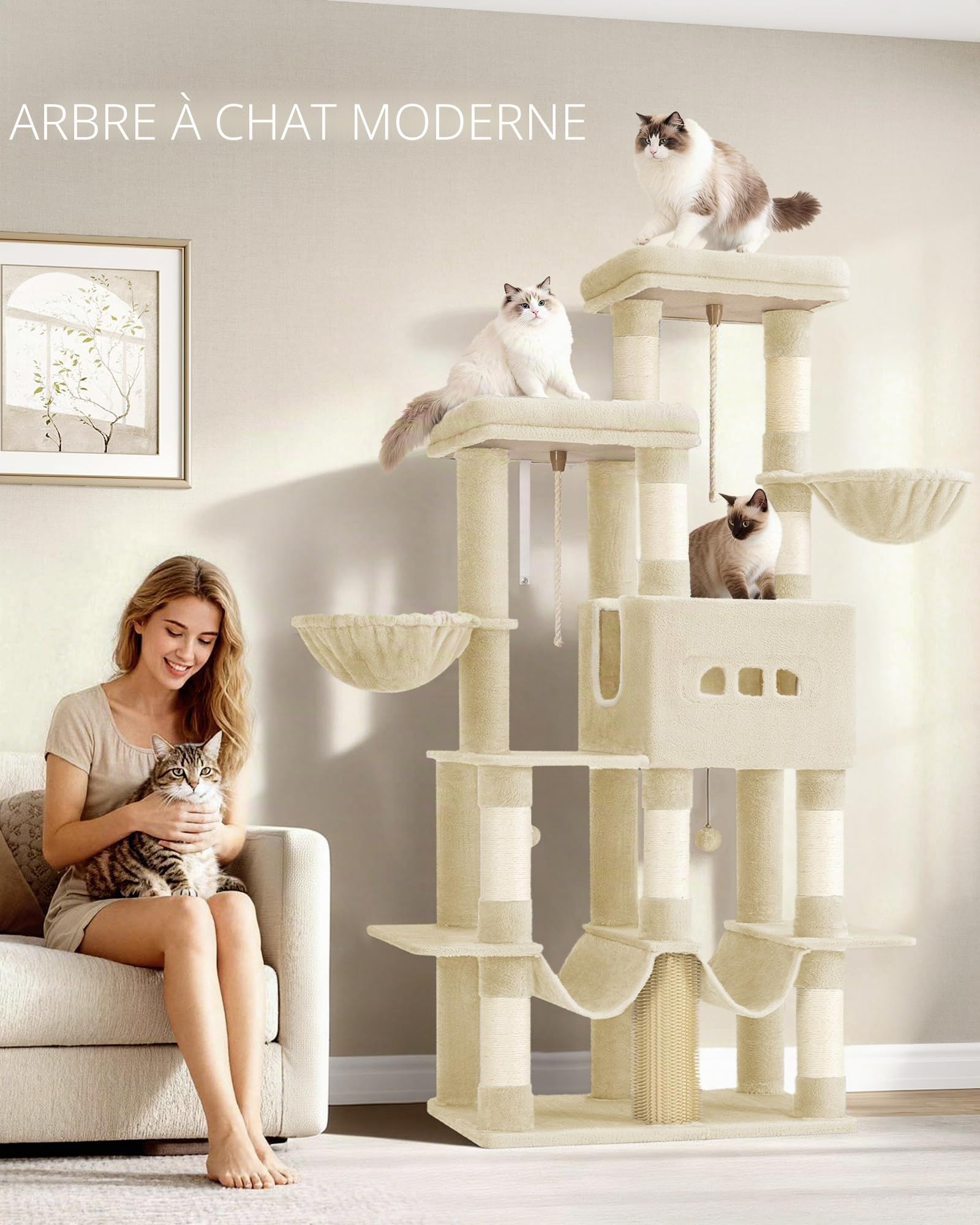 Hzuaneri Arbre à Chat, 176 cm, 2 Plateformes Extra-Larges, Beige | 2 Grande Grottes, 9 Poteaux à Griffer en Sisal, 2 Hamacs, Panier pour Chat, Pompons, Convient aux Chats Maine Coon, MS17218YL