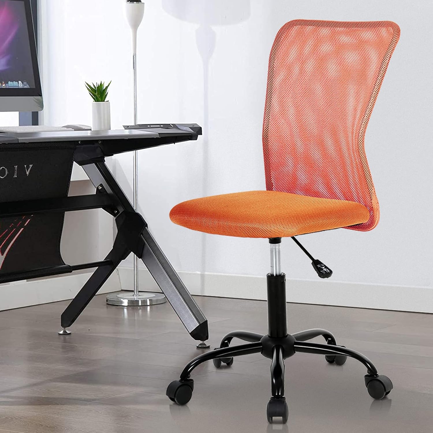 Ergonomic Mesh Home Desk Chair with Adjustable Lumbar, Armless Rolling Swivel Mid-Back Task Chair for Bedroom Living Room (Orange), 16.00 x 16.00 x 40.00 in
