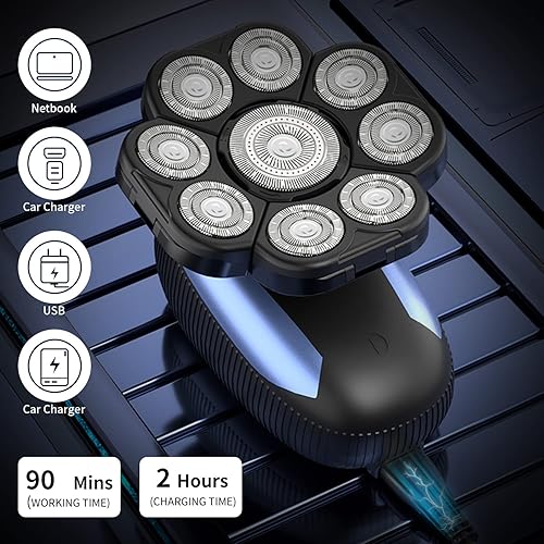Miniatura 4 de Afeitadoras de cabeza para hombres calvos, máquina de afeitar rotativa eléctrica 9D, multifuncional, afeitadora de cabeza calva para hombre,