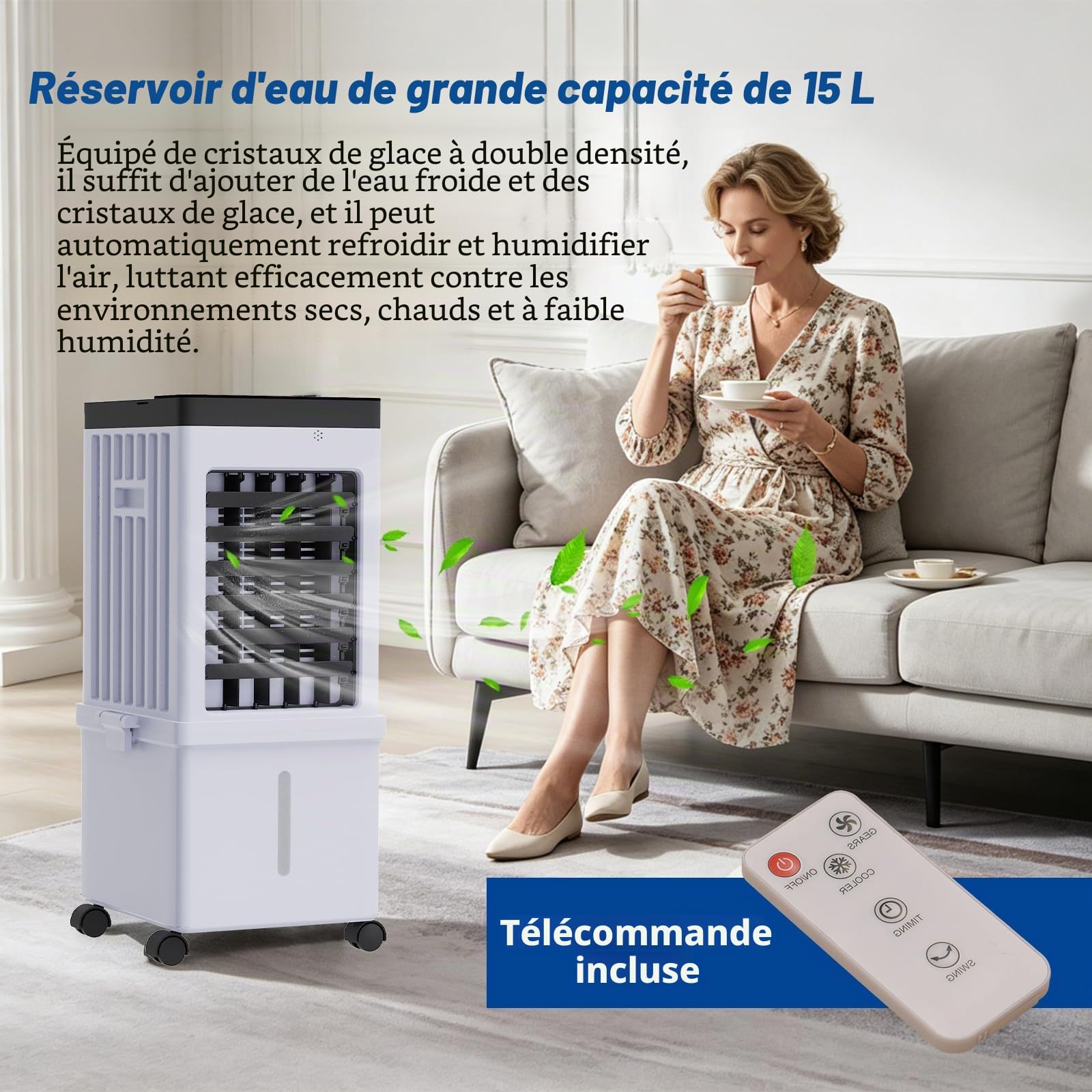 Climatiseur Mobile Sans Évacuation 15L, 3-en-1 Rafraîchisseur d'Air Évaporatif Silencieux avec Télécommande, Ventilateur Brumisateur & Humidificateur, 3 Modes, Oscillation 120° Pour Maison Bureau