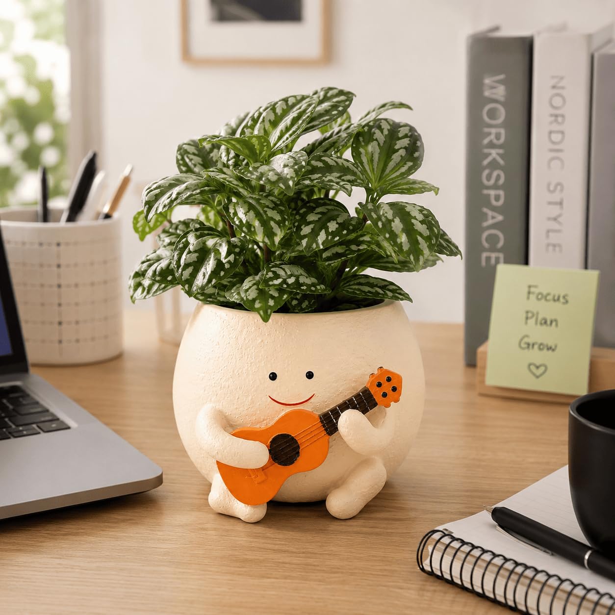 Melody Buddy Resin Planter, Cream, Guitar Design, 8 cm Height, Painted Finish, Indoor Use-image-2