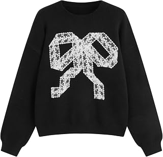 CIDER Women's Bow Cozy Sweaters Cute Lace Long Sleeve Knit Pullover | Lace Bow Pattern Crewneck Sweaters, Fall Fashion Winter Outfits Y2K