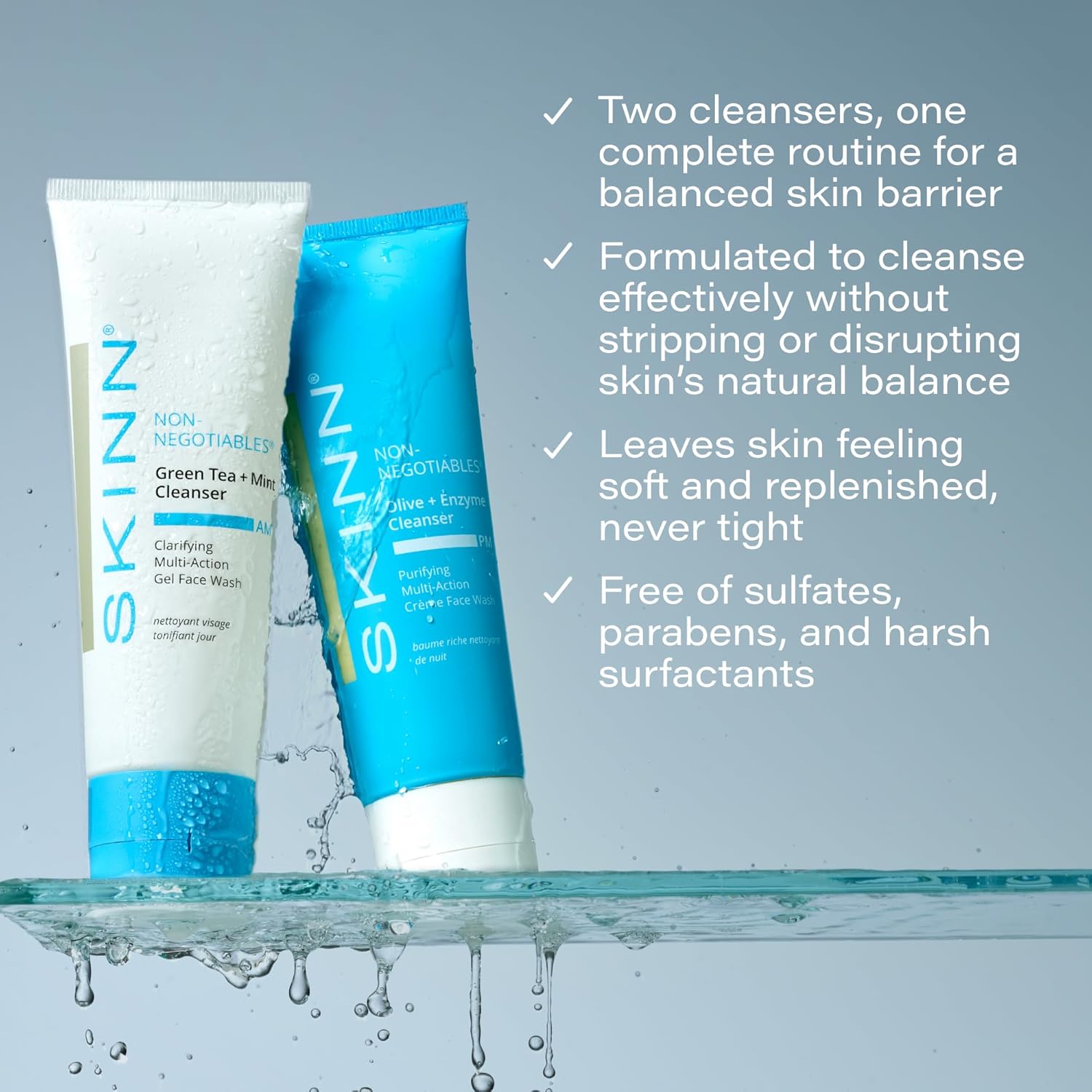 SKINN Day & Night Face Wash for Women & Men - Refreshing Green Tea & Mint Infusion, Nourishing Olive & Enzyme Formula - Complete AM/PM Cleanser Set for Hydrated AM/PM Bundle Facewash image 2 of 7 B0C85635Z6